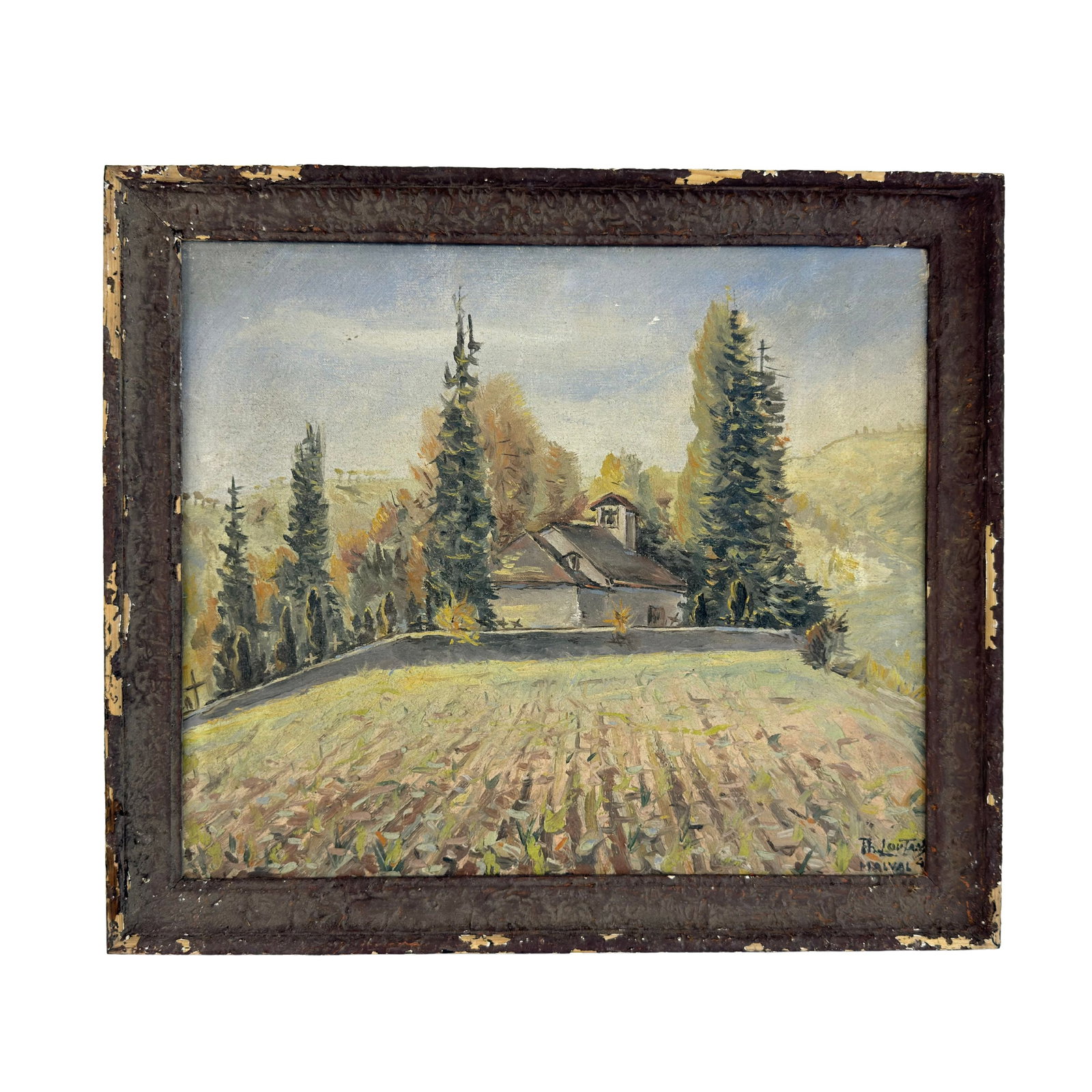 PH. LOUTAN OIL ON CANVAS: Dimensions: H 15” x W 16”. Oil on canvas painting Landscape by Ph. Loutan with wooden frame. Dimensions are for inner frame.