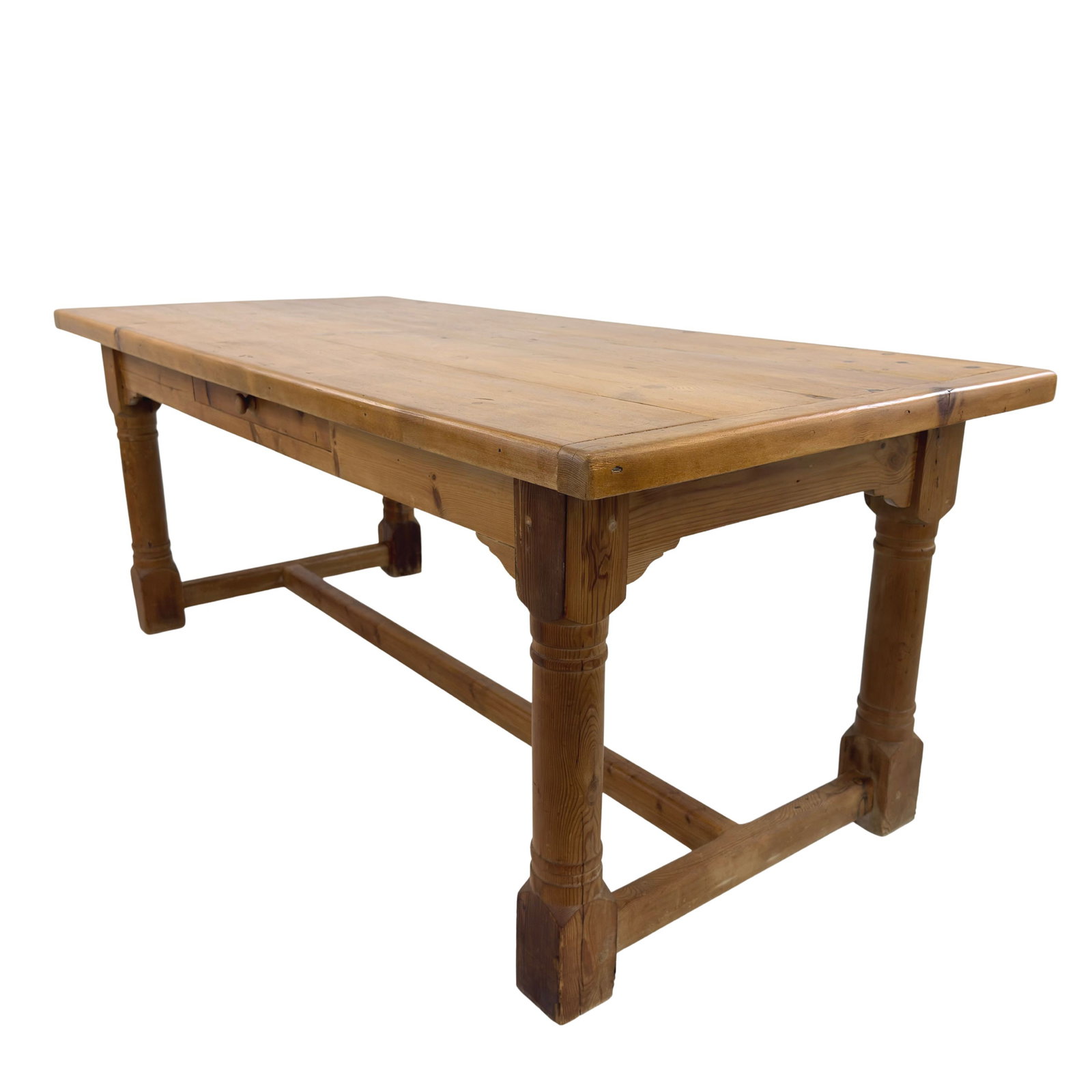 FARMHOUSE PINE DINING TABLE: Dimensions: H 30.7” x W 78” x D 35.5”. French Farmhouse pine dining table with one central drawer.