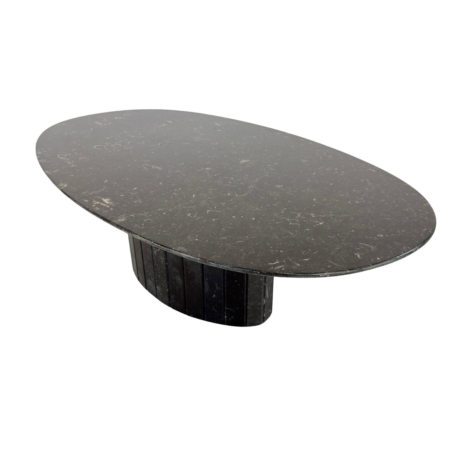 NERO MARQUINA MARBLE COFFEE TABLE: Dimensions: H 15.7” x W 53.3” x D 30.7”. Vintage Italian Nero Marquina black oval marble coffee table with sculptural pedestal base. Dimensions W (pedestal) 26.3” x D 14.3".