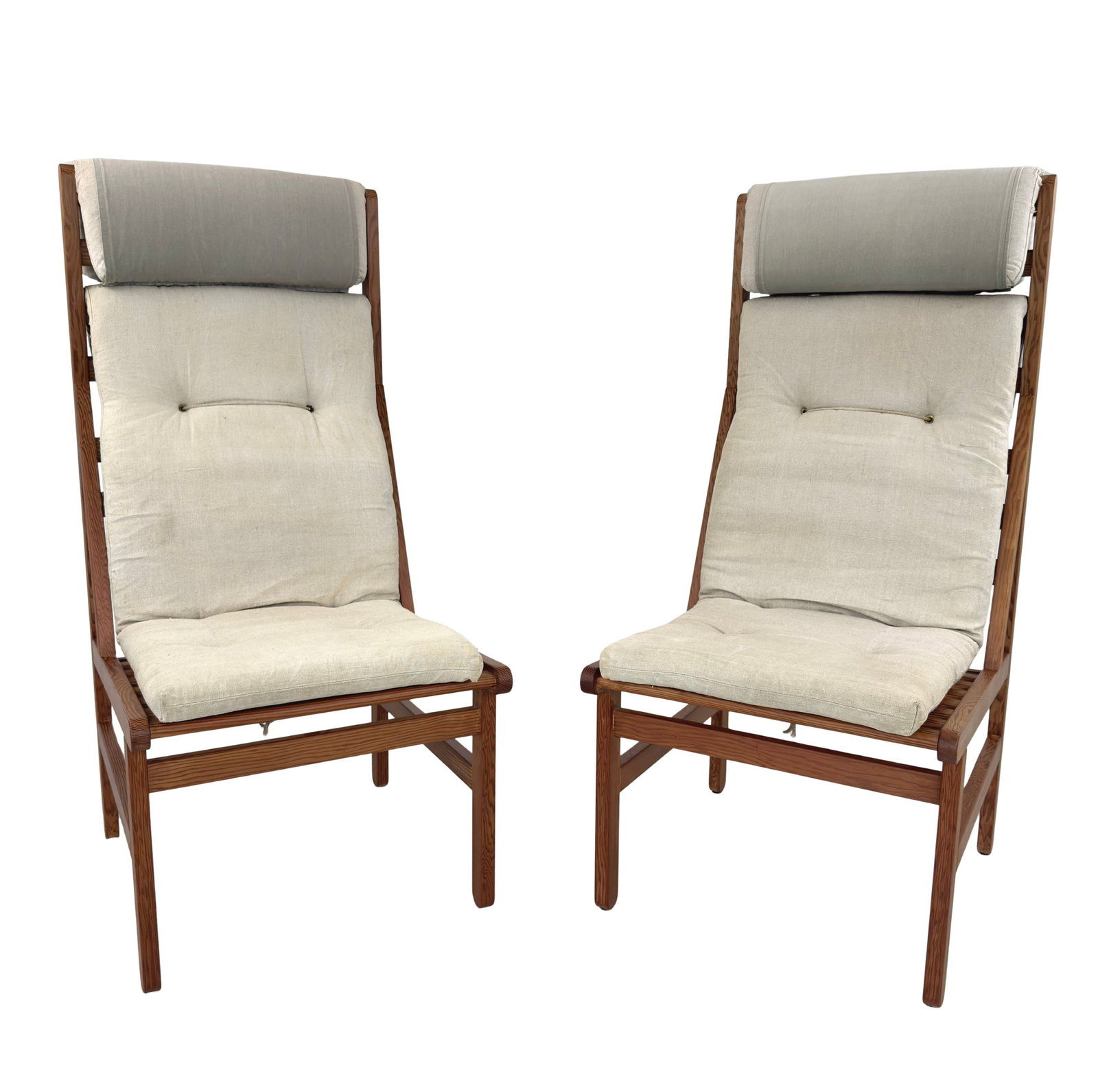 BERNT PETERSEN LOUNGE CHAIRS, A PAIR: Dimensions: H 48” x W 22” x D 28” x SH 19”. Pair of Cloth lounge chairs designed by Bernt Petersen in the 1960s with pine frame and original canvas.