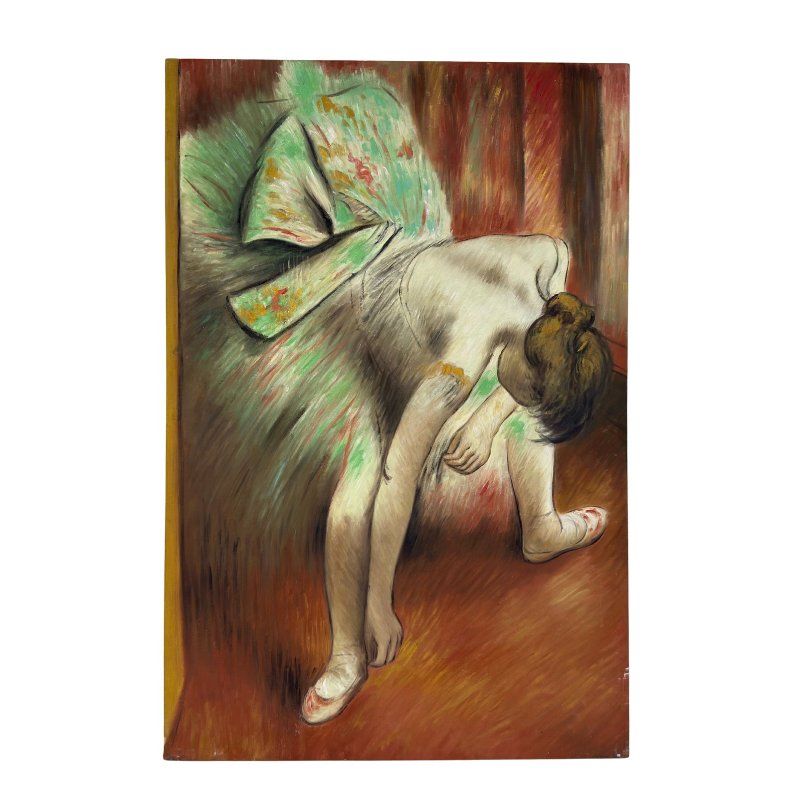 DANCER IN GREEN TUTU, REPRODUCTION: Dimensions: H 36” x W 24”. Pastel on canvas painting Dancer in green tutu by French artist Edgar Degas, reproduction. Unframed.