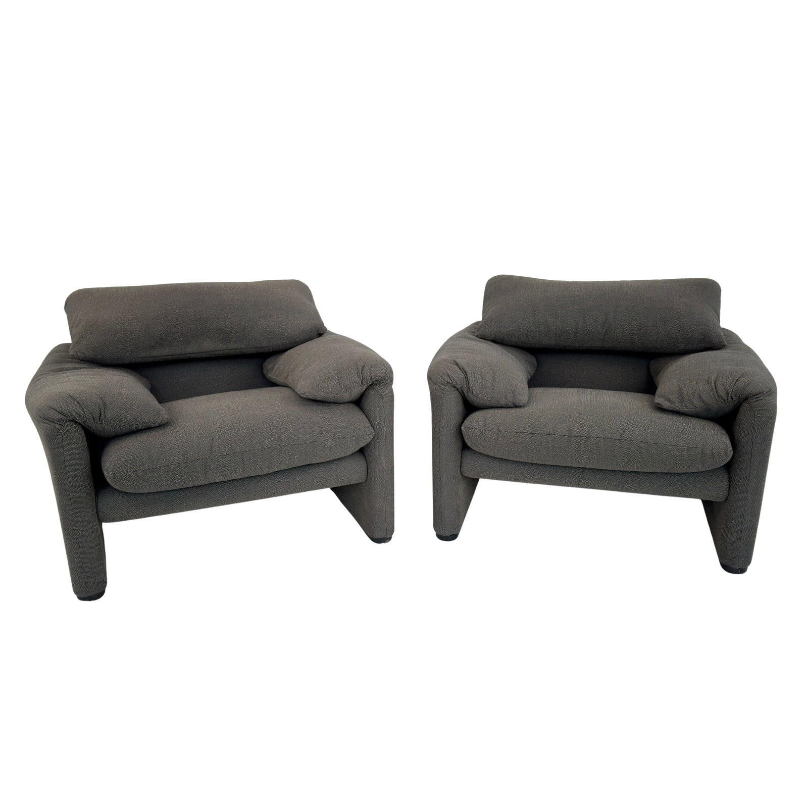 VICO MAGISTRETTI MARALUNGA LOUNGE CHAIRS, A PAIR: Dimensions: H 29” x W 40.5” x D 32.5” x SH 18.5”. Pair of Italian Maralunga lounge chairs in original gray fabric designed by Vico Magistretti for Cassina.