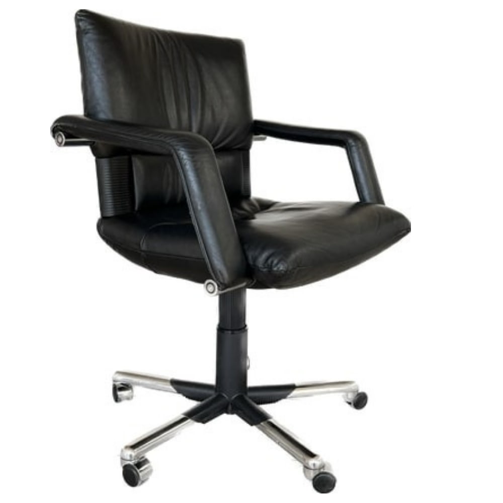 MARIO BELLINI LEATHER IMAGO EXECUTIVE CHAIR VITRA: Dimensions: H 39.3" x W 28.8" x D 18.7" x SH 23". Mario Bellini black leather Imago executive desk chair for Vitra, dated 2000 production. This chair features soft and supple black leather and 5 legs