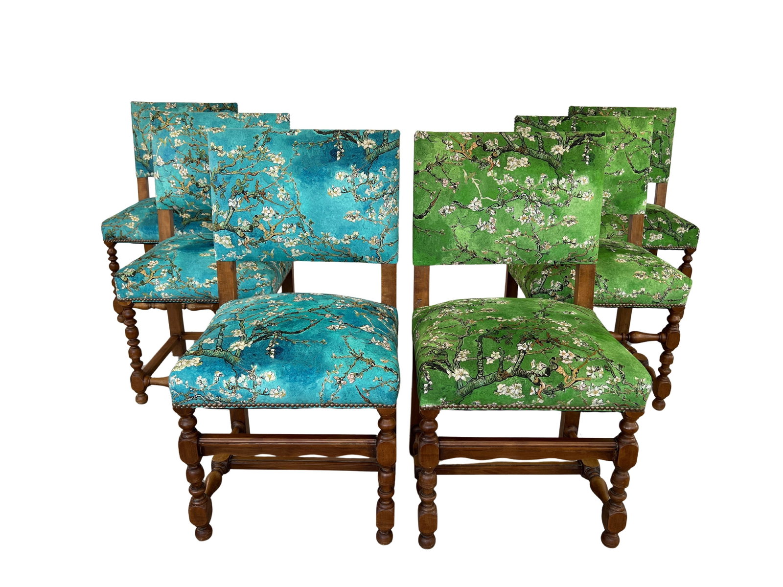 (6) LOUIS XIII DINING CHAIRS: Dimensions: H 37.3” x W 19.5” x D 16.5” x SH 21". Set of 6 Louis XIII dining chairs with original Chinoiserie style upholstery. Three of the chairs are in green, the other three in b