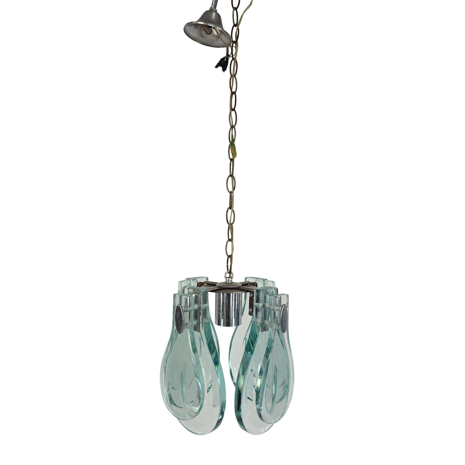 ITALIAN PENDANT LIGHT ATTR. TO VECA: Dimensions: H 10” x W 10”. Vintage Italian chrome and thick glass pendant light attr. to Veca from the 1960s. Dimensions are for the glass pendants.