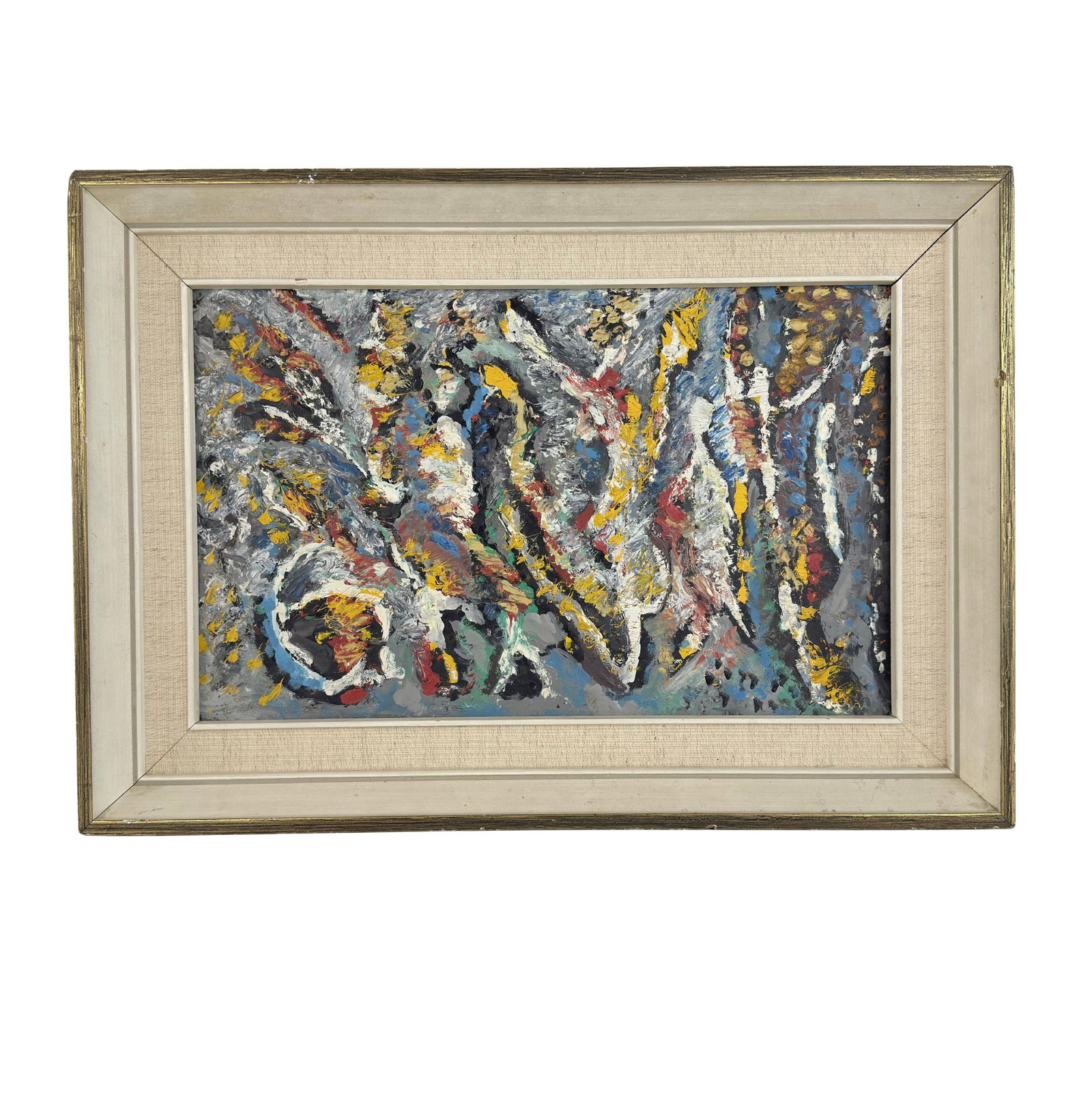 OIL ON BOARD, UNSIGNED: Dimensions: H 12” x W 19.3”. Vintage abstract oil on board painting with wooden frame. Unsigned. Dimensions are for the inner frame.
