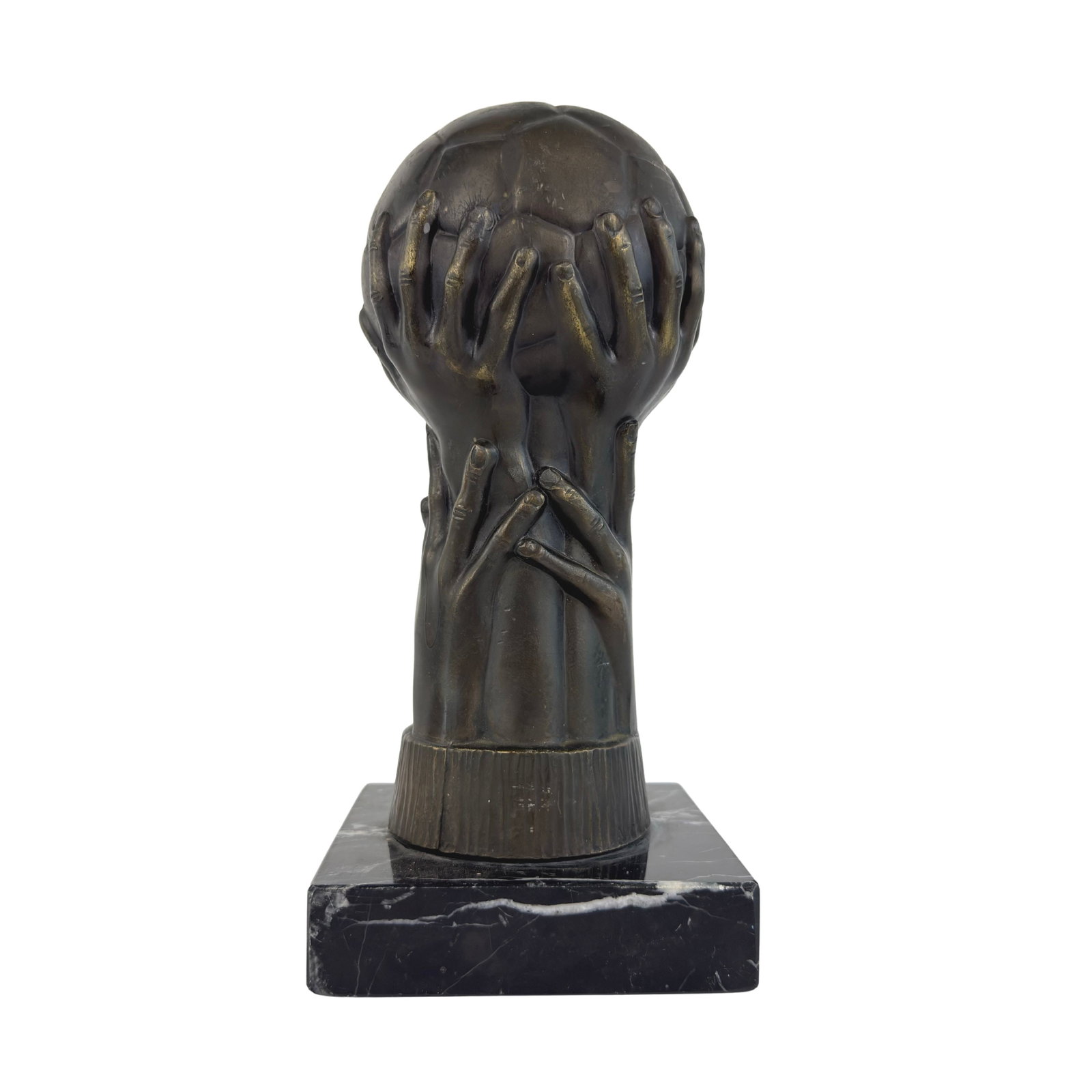 FOOTBALL BRONZE SCULPTURE: Dimensions: H 10” x W 4.7”. Vintage football bronze sculpture with black marble base.