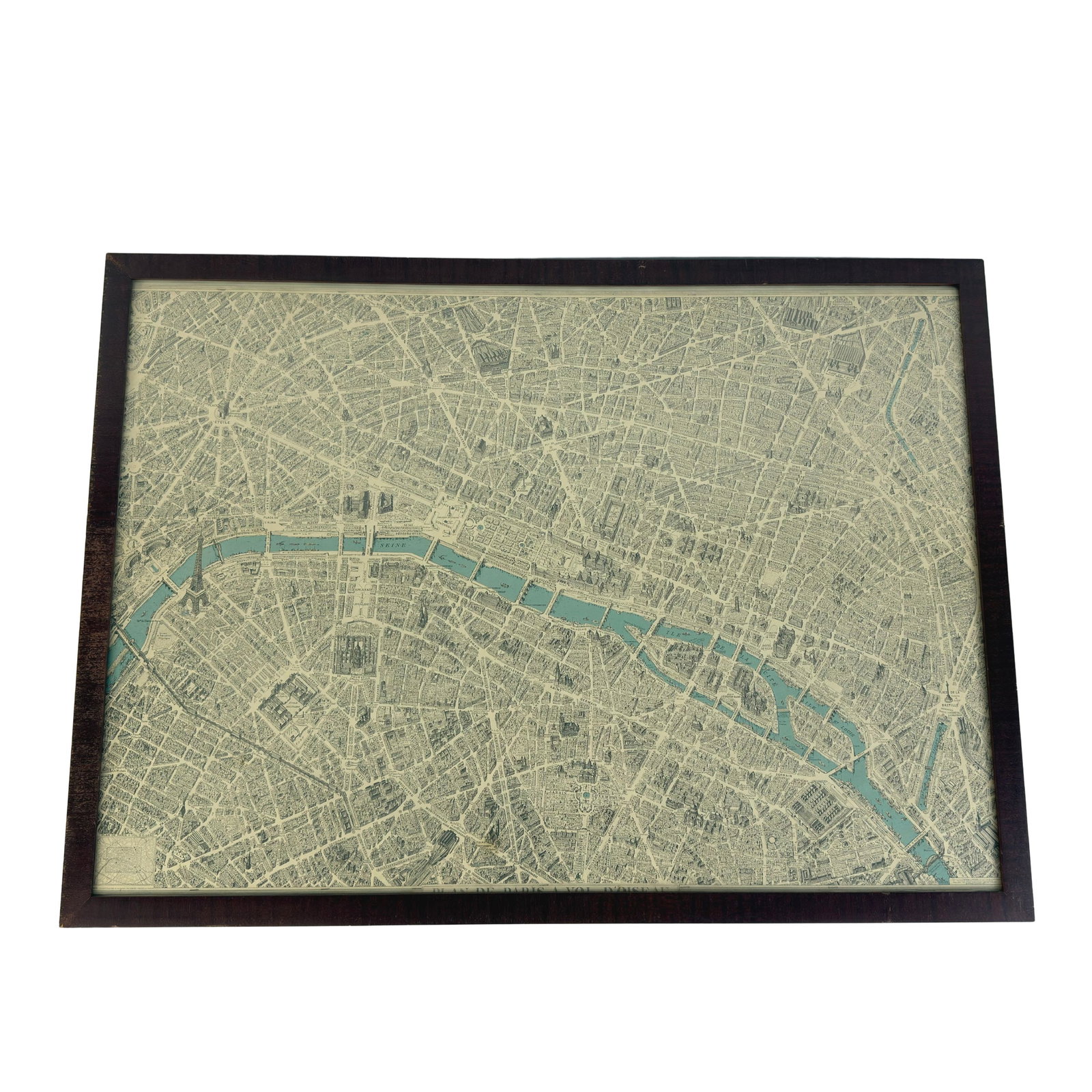 PLAN DE PARIS A VOL D’OESEAU MAP: Dimensions: H 28.5” x W 39.3”. Vintage framed map Bird’s eye view of Paris by Blondel La Rougery, 1957.
