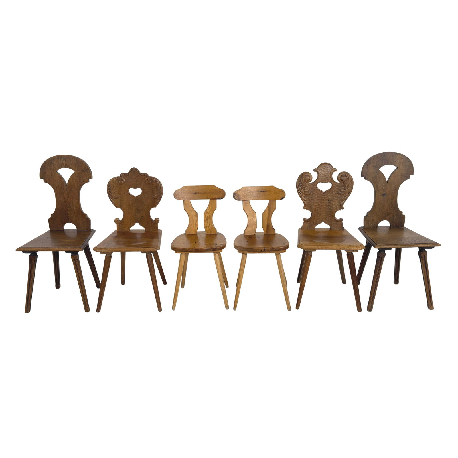 (6) SWISS ALPINE DINING CHAIRS: Dimensions: H 37” x W 17” x SD 16”. Set of 6 Swiss Alpine handcrafted dining chairs with different design. Dimensions: H 40.5” x W 16.5”/ H 31” x W 15” x SH 1