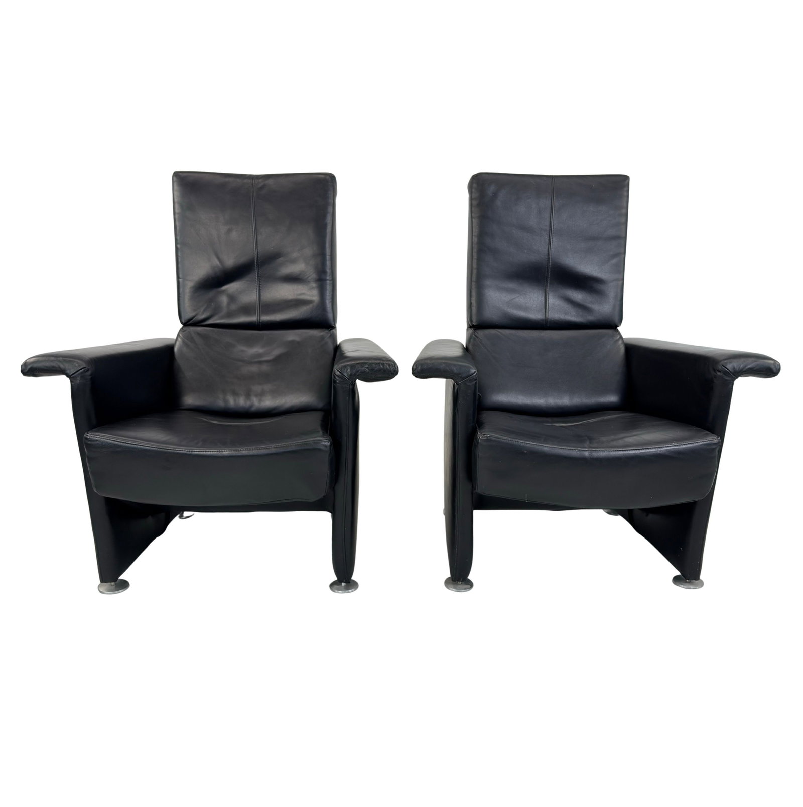GEALUX LEATHER ARMCHAIRS, A PAIR: Dimensions: H 43” x W 35” x D 32.5” x SH 18”. Pair of Vintage Dutch black leather relax armchairs by Gealux.