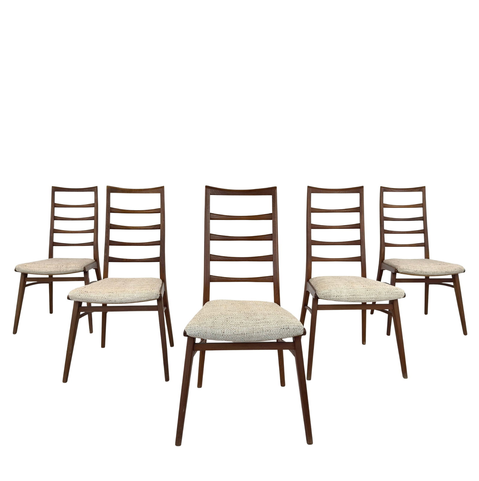 (5) NIELS KOEFOED DINING CHAIRS: Dimensions: H 38.5” x W 18” x D 22” x SH 19”. Set of 5 dining chairs designed by Niels Koefoed for Hornslet Mobelfabrik with beige fabric seats, 1960s.