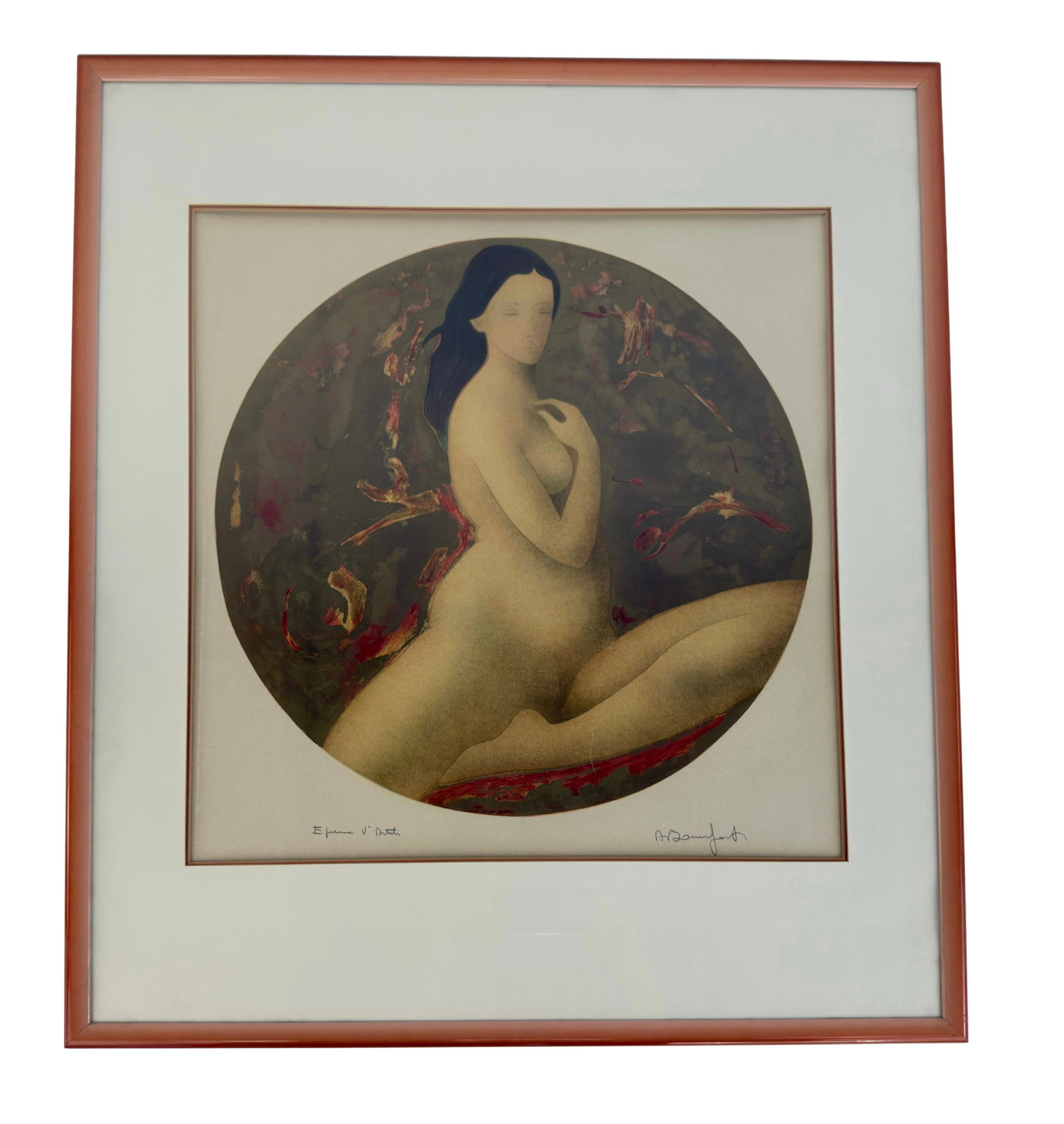 ALAIN BONNEFOIT LITHOGRAPH: Dimensions: H 33” x W 28.7”. Framed lithograph “Linda” by French artist Alain Bonnefoit.
