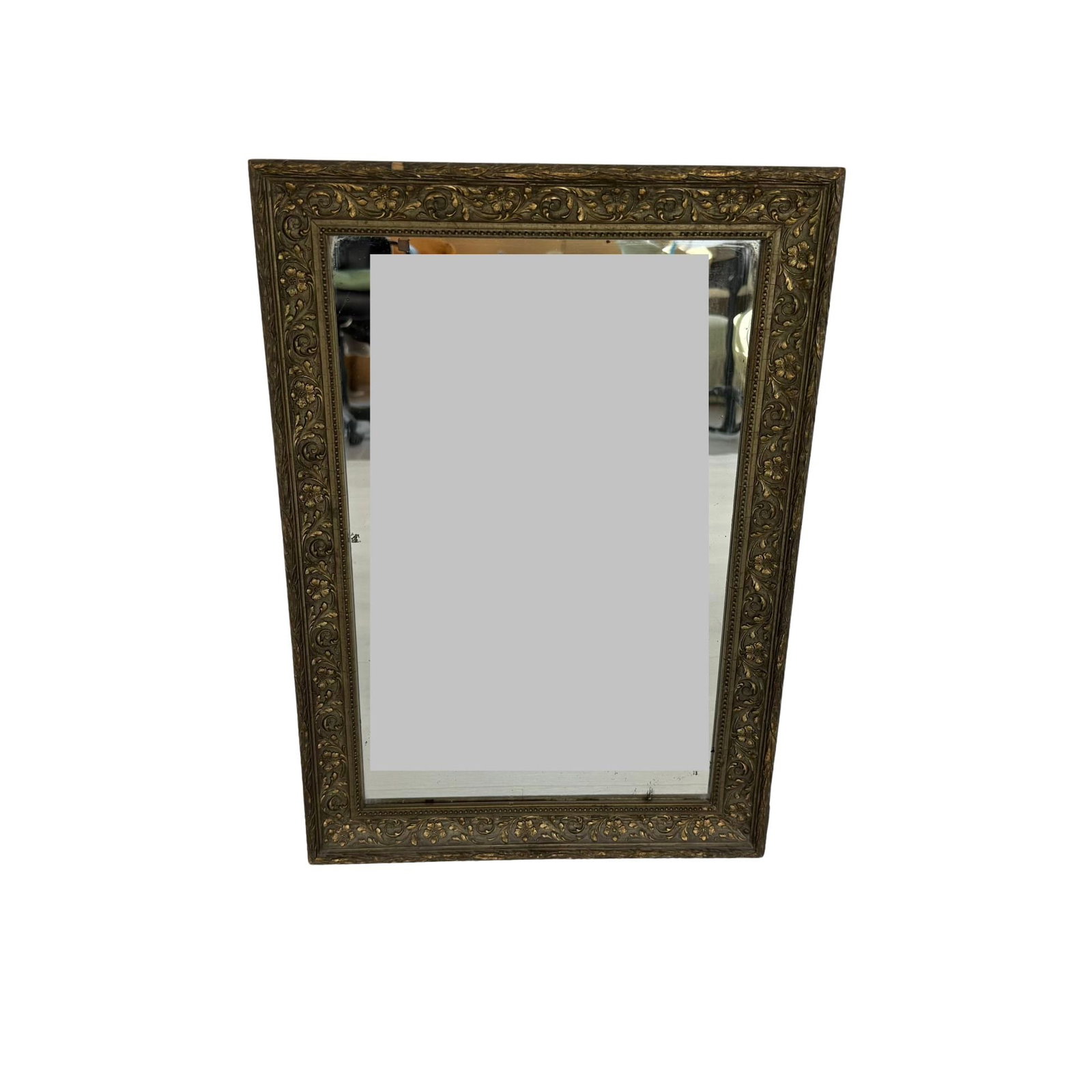 ANTIQUE GILT WOOD MIRROR: Dimensions: H 22” x W 15.7”. Antique French gilt wood ornate wall mirror.
