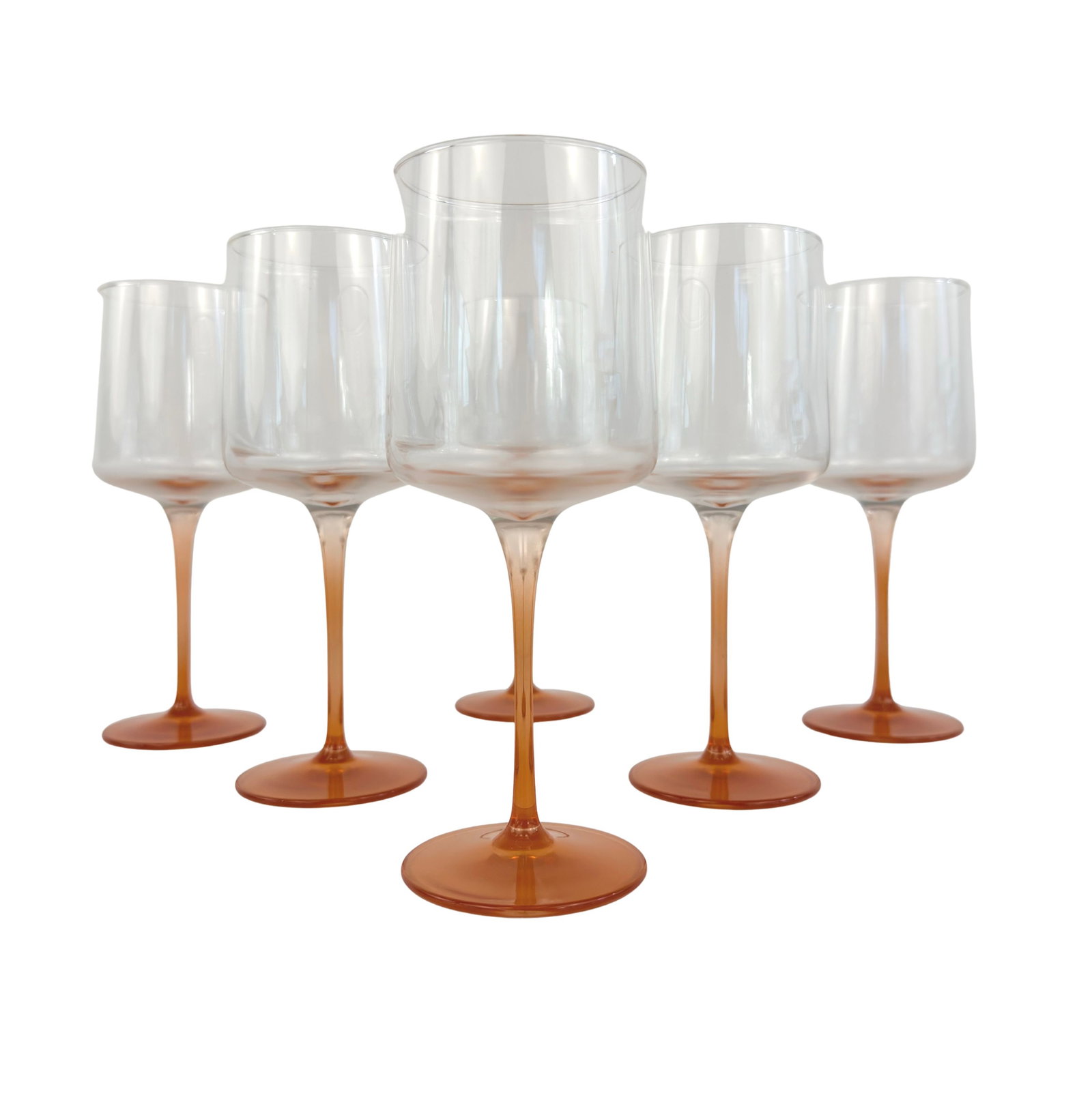 (6) VINTAGE WINE GLASSES: Dimensions: H 8” x W 2.7”. Set of 6 Vintage peach stem wine glasses.