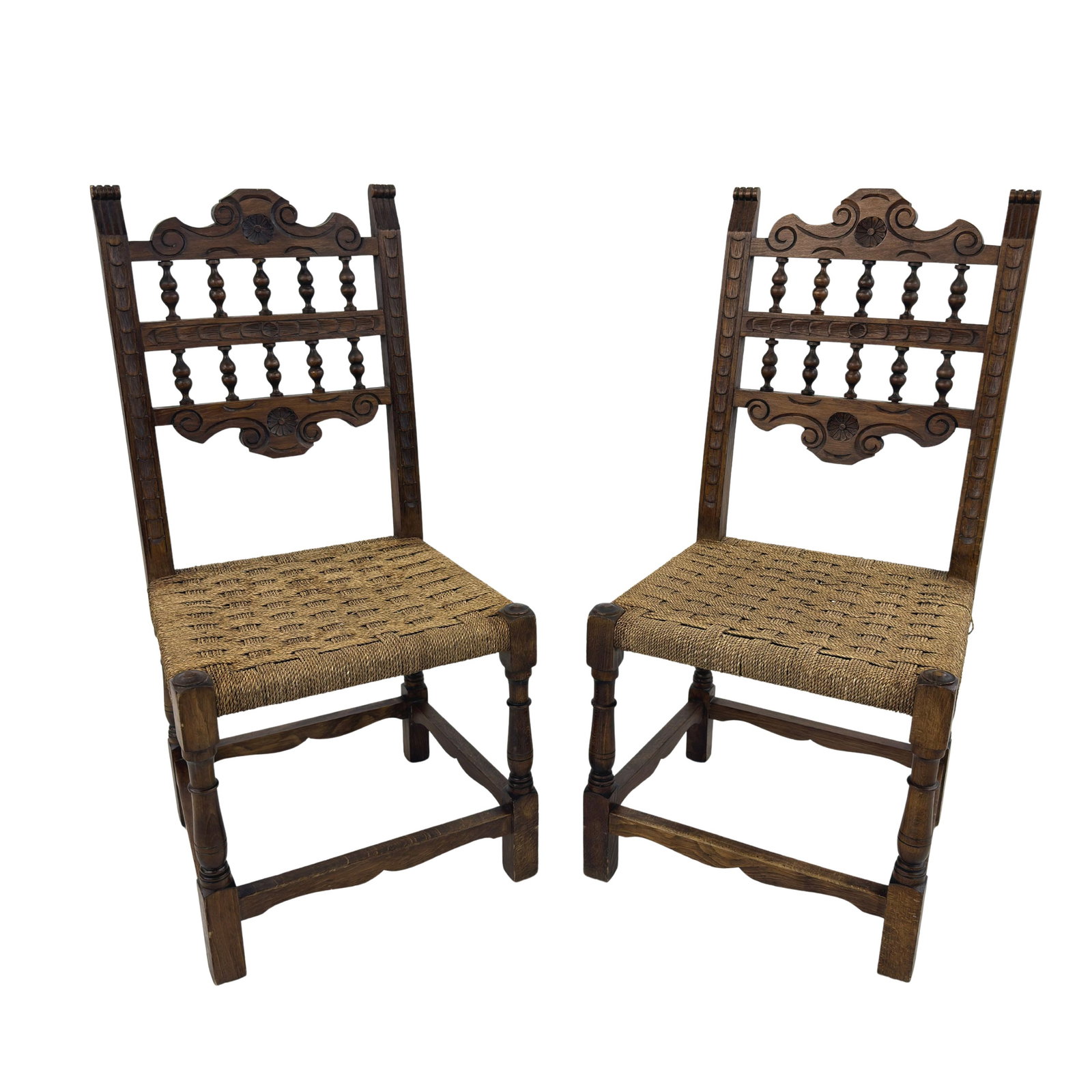 FRENCH PROVINCIAL CHAIRS, A PAIR: Dimensions: H 35” x W 17” x D 15.3” x SH 16”. Pair of Vintage French Provincial carved wood chairs with original woven rope seats.