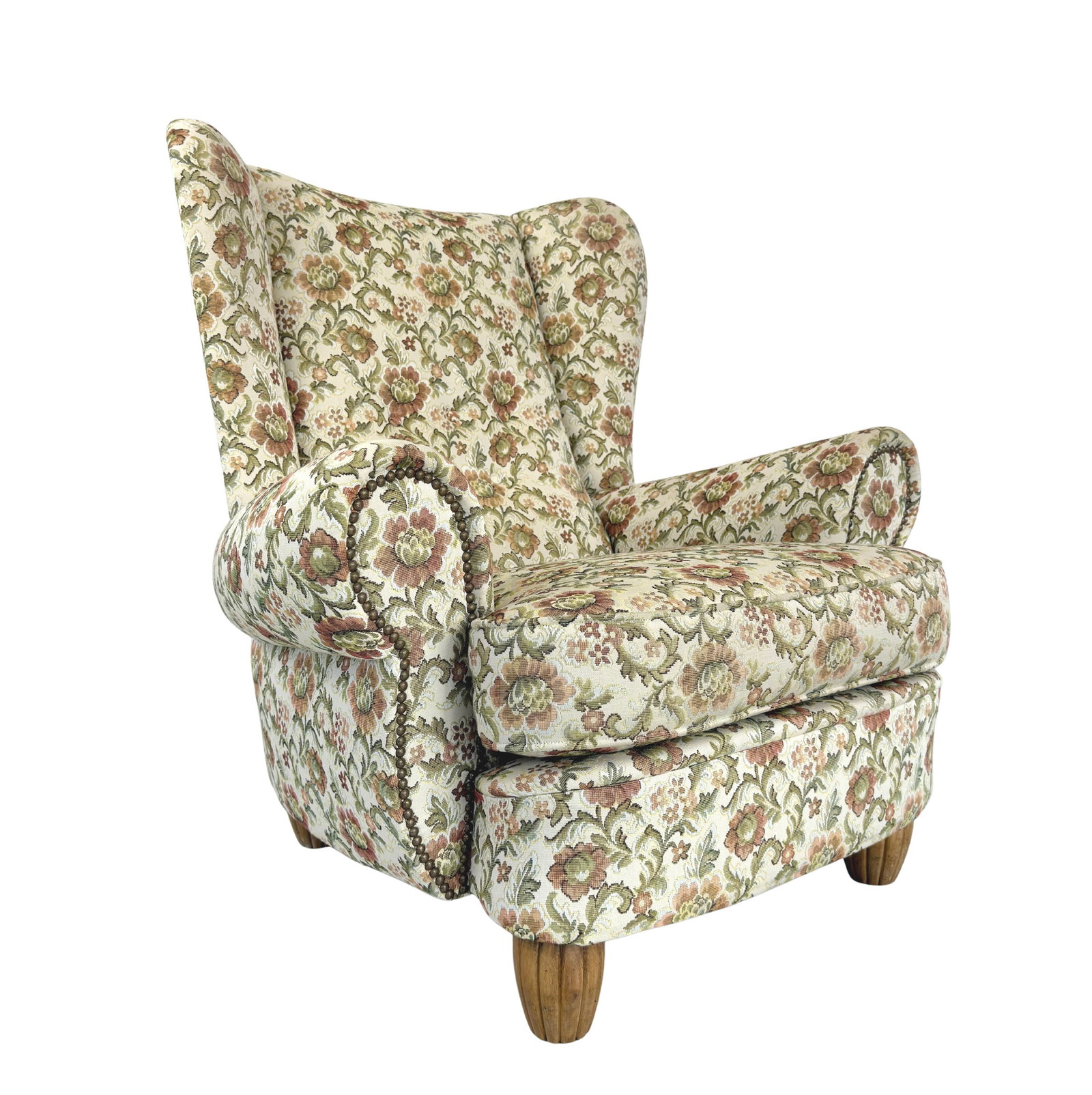 VINTAGE DANISH ARMCHAIR: Dimensions: H 36.5” x W 36.7” x D 38” x SH 18.5”. Vintage Danish relax wingback armchair with original upholstery.