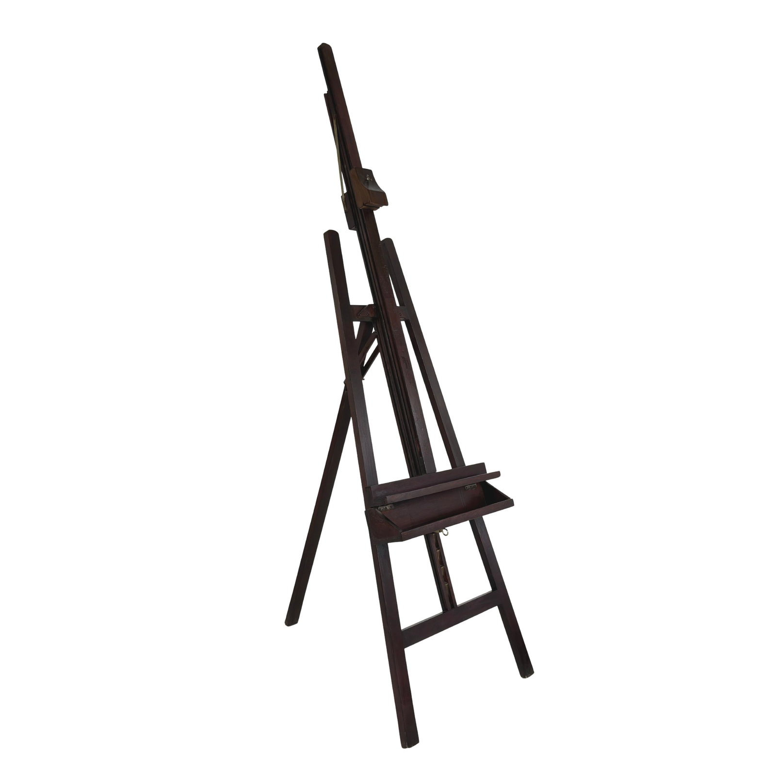 VINTAGE WOODEN EASEL: Dimensions: H 80" x W 22.3”. Vintage dark wood A-frame tripod artist easel.