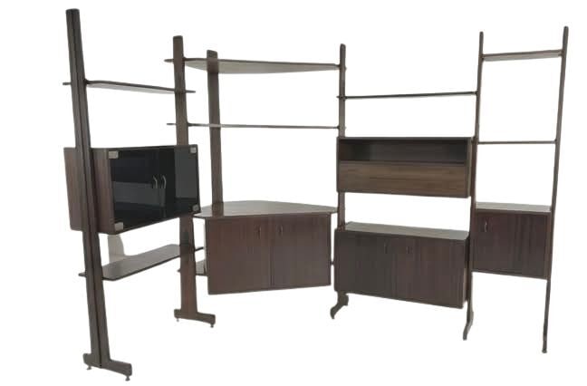 ITALIAN SHELVING UNIT 1960s: Dimensions: H 82” x W 34.3” x D 14”. Mid-Century Modern Italian modular shelving unit with multiple shelves, drawers and cupboards. Dimensions are for 1 unit. / W 17” x D