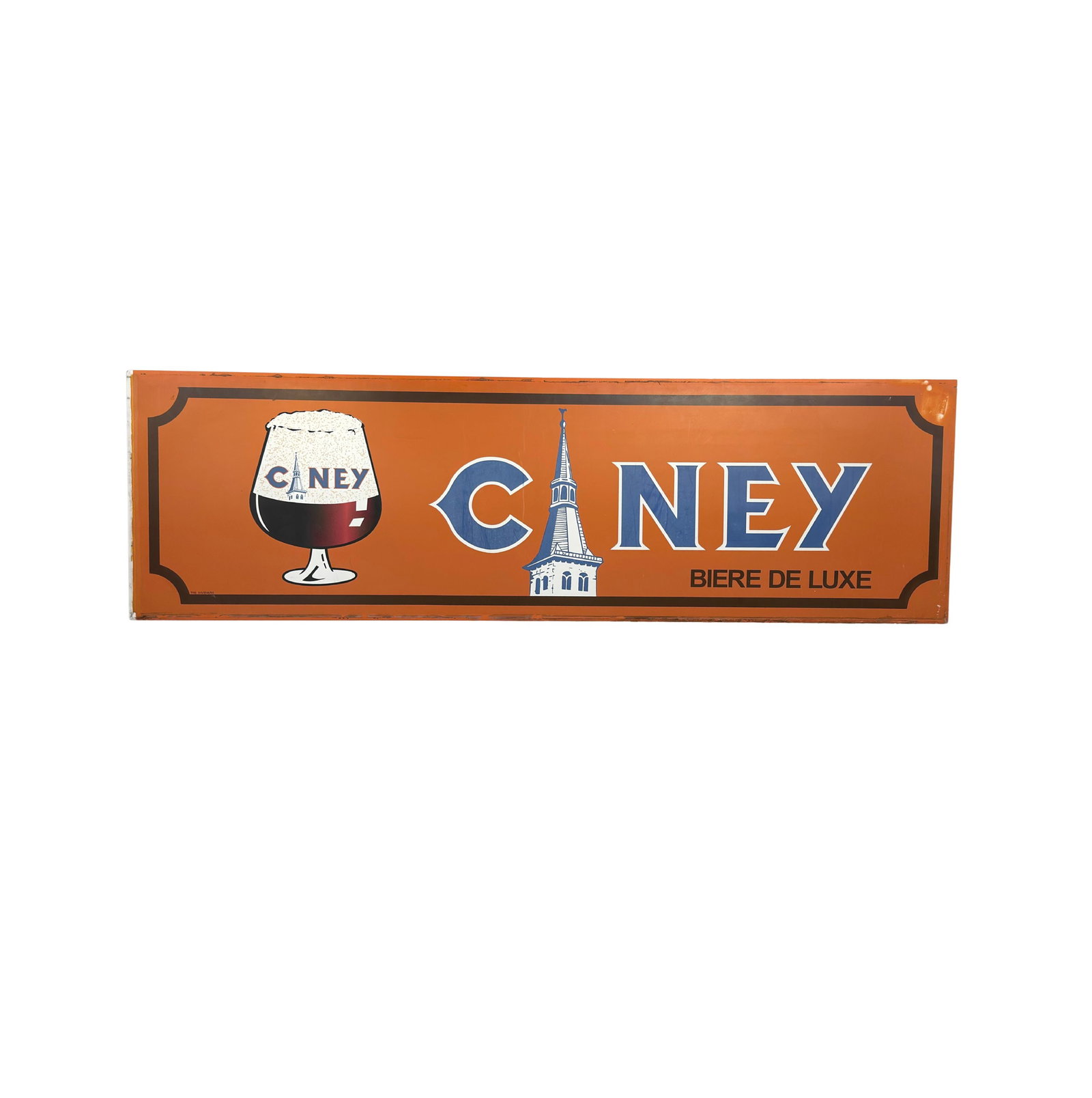 LARGE VINTAGE BELGIAN ADVERTISEMENT SIGN: Dimensions: H 23.5” x W 78.7”. Vintage Belgian advertisement sign for Ciney Beer, double sided.