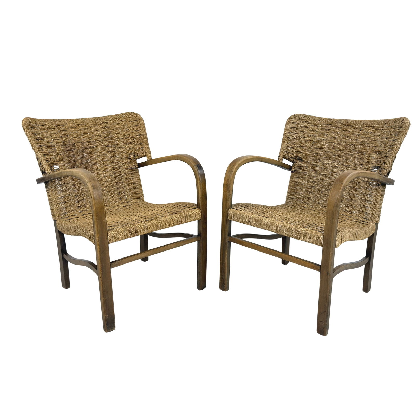 DUTCH ARMCHAIRS ATTR. TO ERICH DIEKMANN, A PAIR: Dimensions: H 30” x W 21” x D 25” x SH 16". Pair of Dutch bentwood armchairs with woven rope seats and backrests attr. to Erich Diekmann.