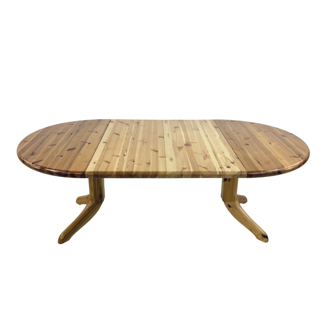 ATTR RAINER DAUMILLER EXTENDABLE DINING TABLE: Dimensions: H 30” x W 47.3”. Vintage extendable round dining table attr. to Rainer Daumiller from the 1970s. Extended W 86.7".