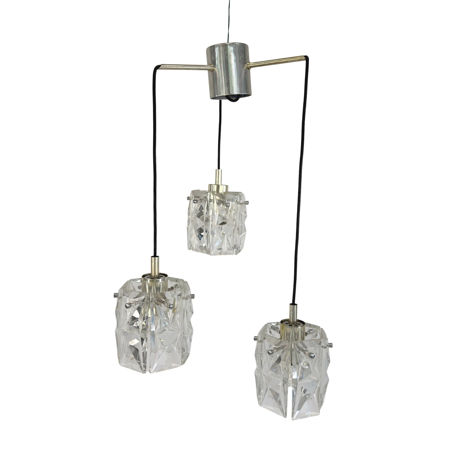 VINTAGE CHANDELIER ATTR. TO KALMAR, 1970s: Dimensions: H 28.5” x W 5.5”. Vintage chrome and crystal 3-light chandelier attr. to Kalmar.