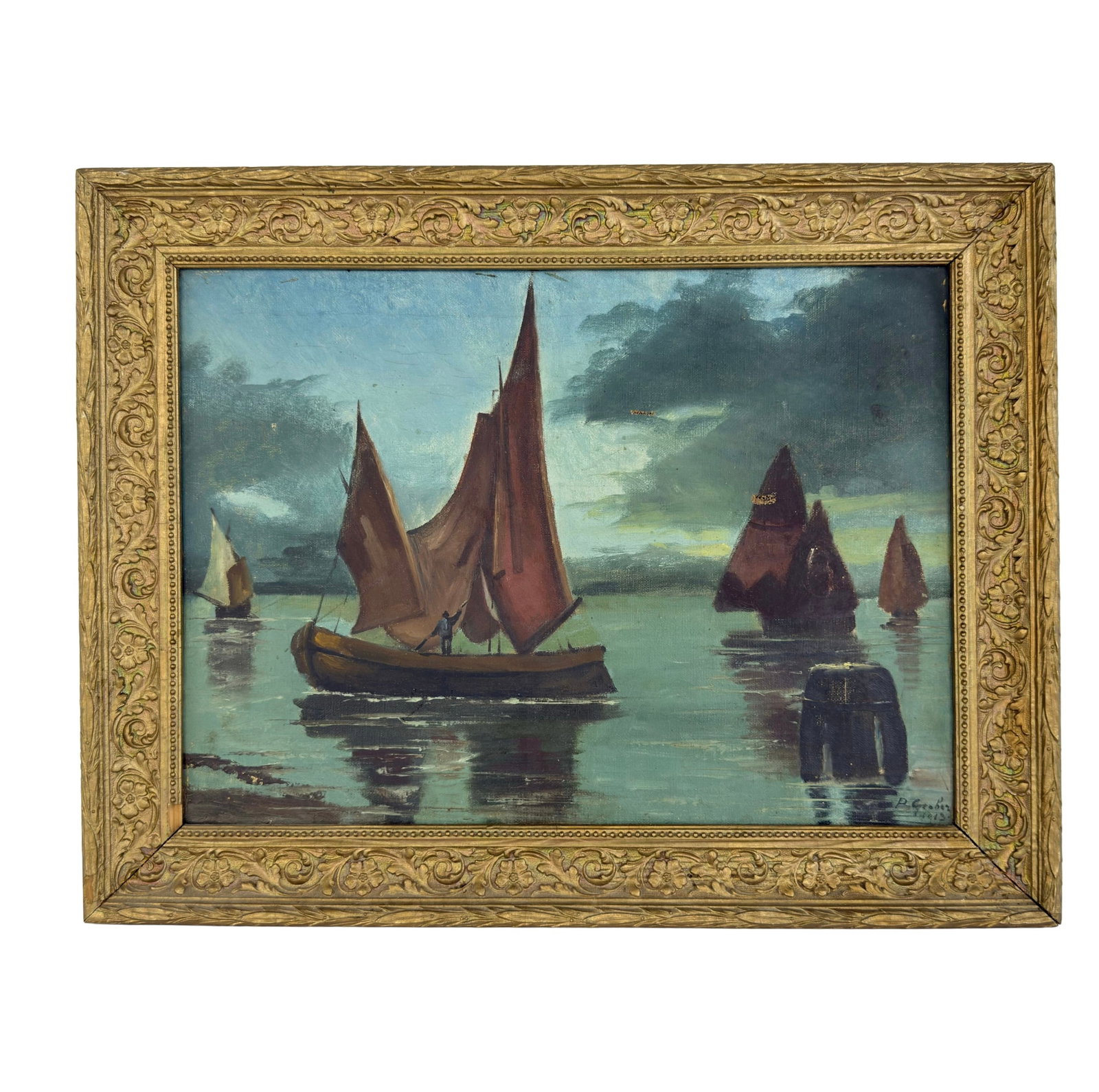 OIL ON CANVAS, SIGNED: Dimensions: H 13” x W 15.5”. Maritime oil on canvas painting with gilded wood frame. Signed. Dimensions are for the inner frame.