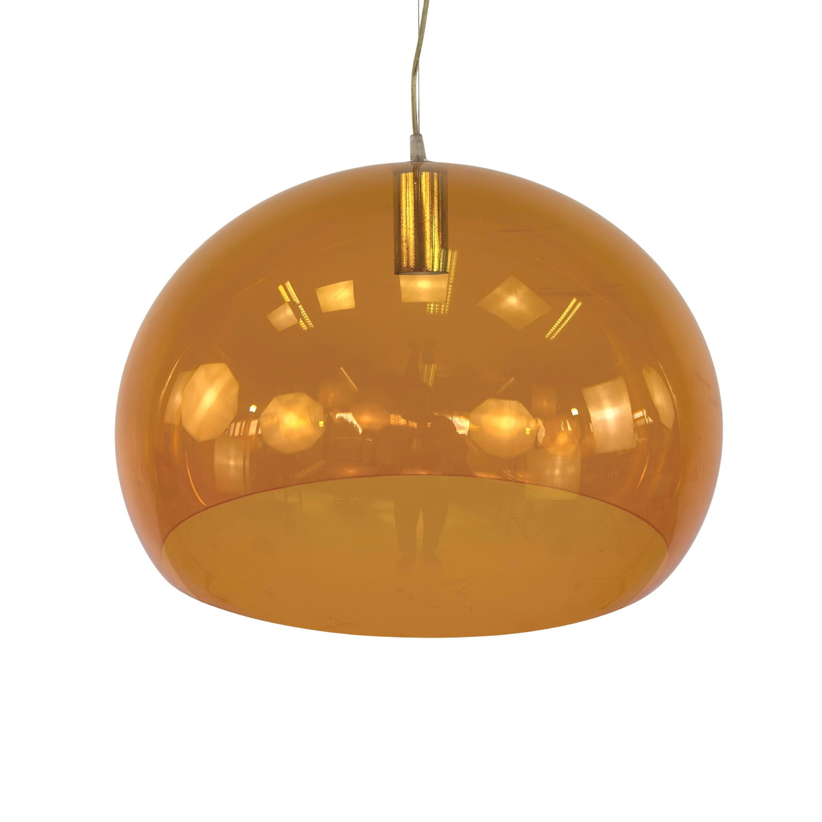 KARTELL CEILING LAMP BY FERRUCIO LAVIANI: Dimensions: H 15” x W 18.5”. Italian Kartell FL/Y orange pendant lamp designed by Ferrucio Laviani.