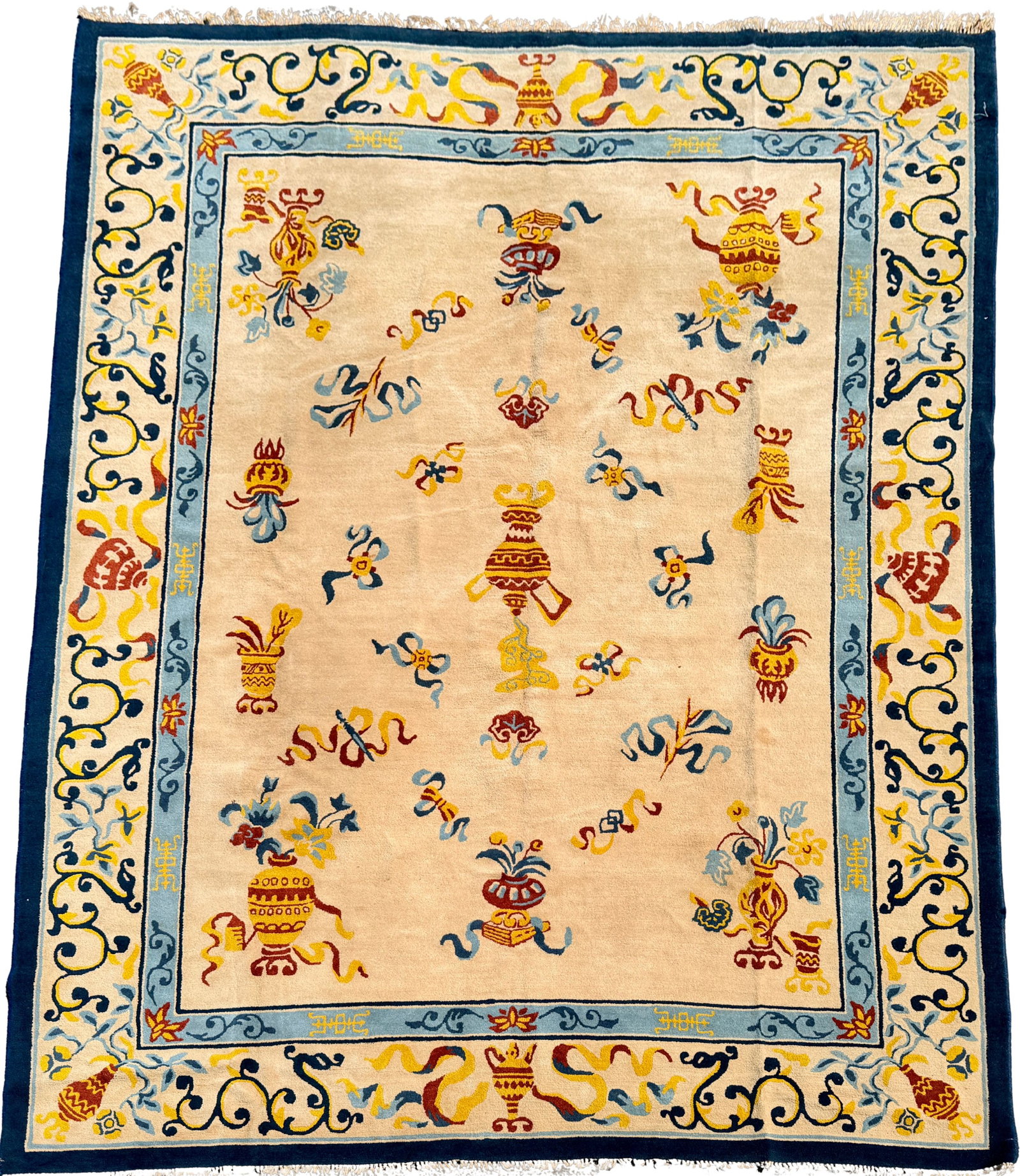 VINTAGE CHINESE ART DECO RUG: Dimensions: H 10'1" x W 7'9 1/2. Peking style vintage Chinese Art Deco wool rug. Ivory background and typical vase design.