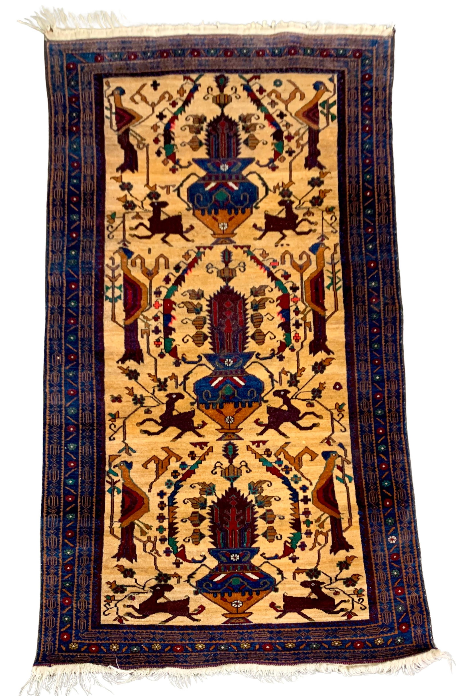 FINE HAND-KNOTTED TURKISH WOOL RUG: Dimensions: H 6'10" x W 3'3". Vintage Turkish wool rug with hunting and animal scenes. Unique design and vivid colors. Mid to late 20th century.