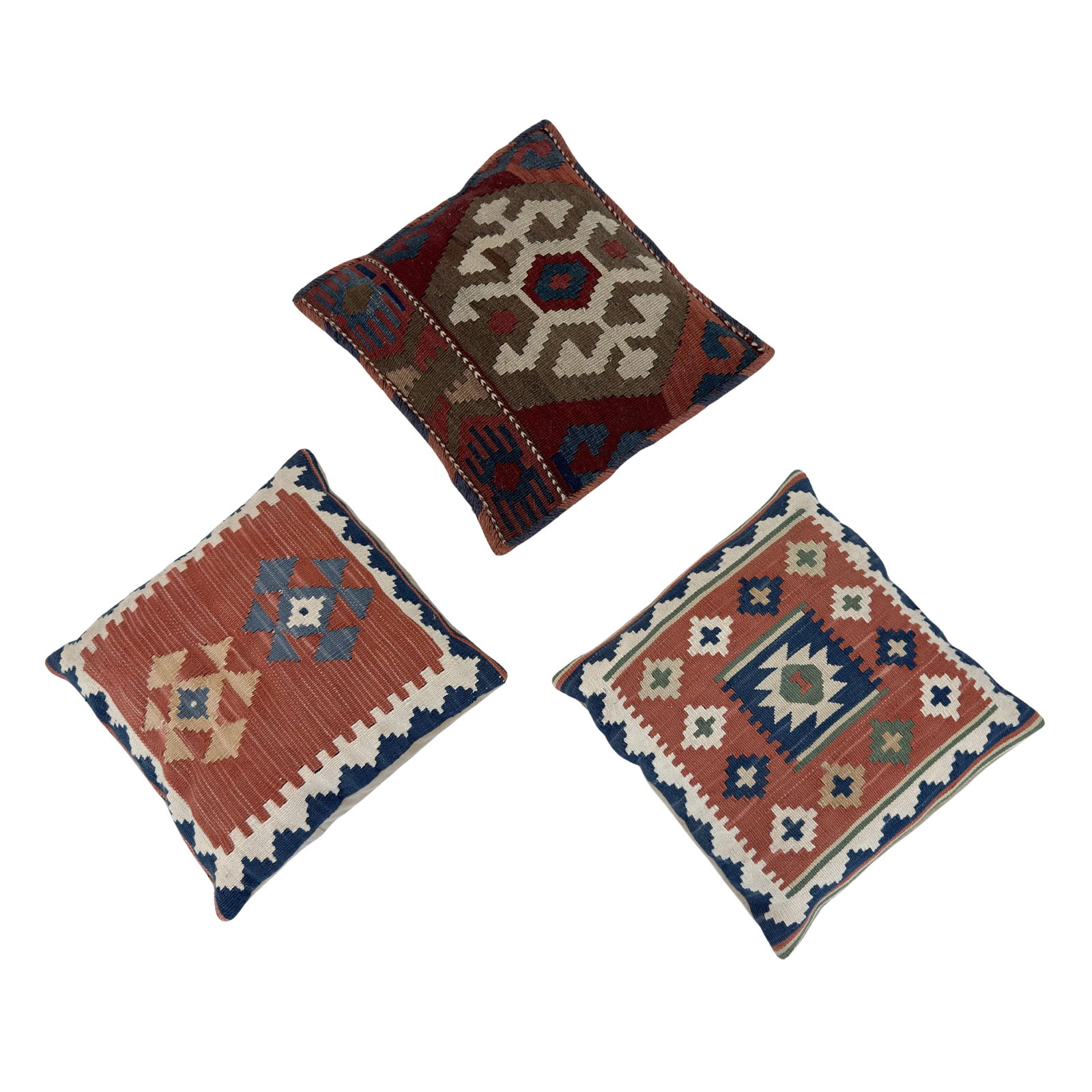 SET OF 3 TURKISH KILIM RUG PILLOWS: Dimensions: H 17.5" x W 17.5". H 13.7" x W 13.7". Set of 3 decorative pillows with covers made of hand-knotted Turkish kilim rugs