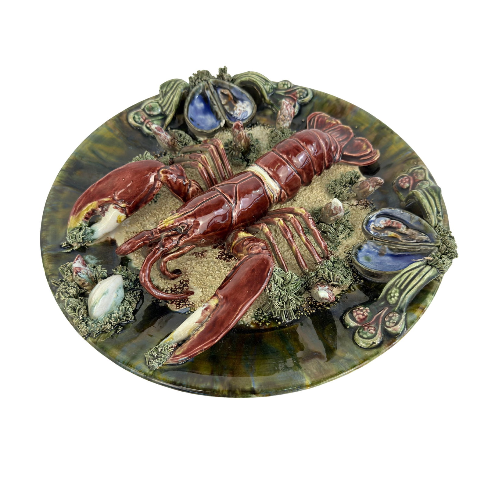 PALISSY STYLE MAJOLICA PLATE: Dimensions: H 3” x W 12.7”. Vintage Palissy style hand painted majolica lobster decorated plate.