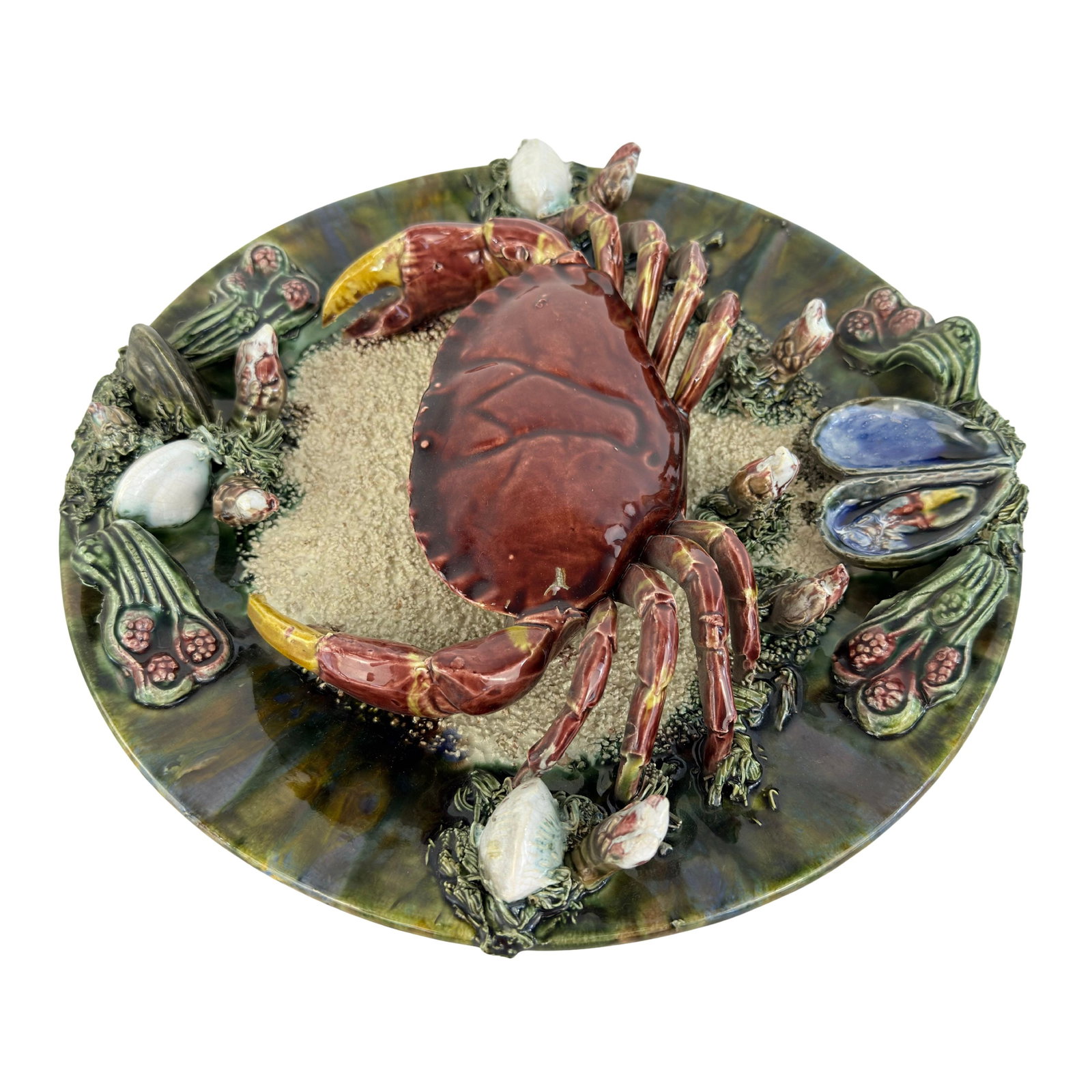 PALISSY STYLE MAJOLICA PLATE: Dimensions: 3.5” x W 12.5”. Vintage Palissy style hand painted majolica crab decorated plate.
