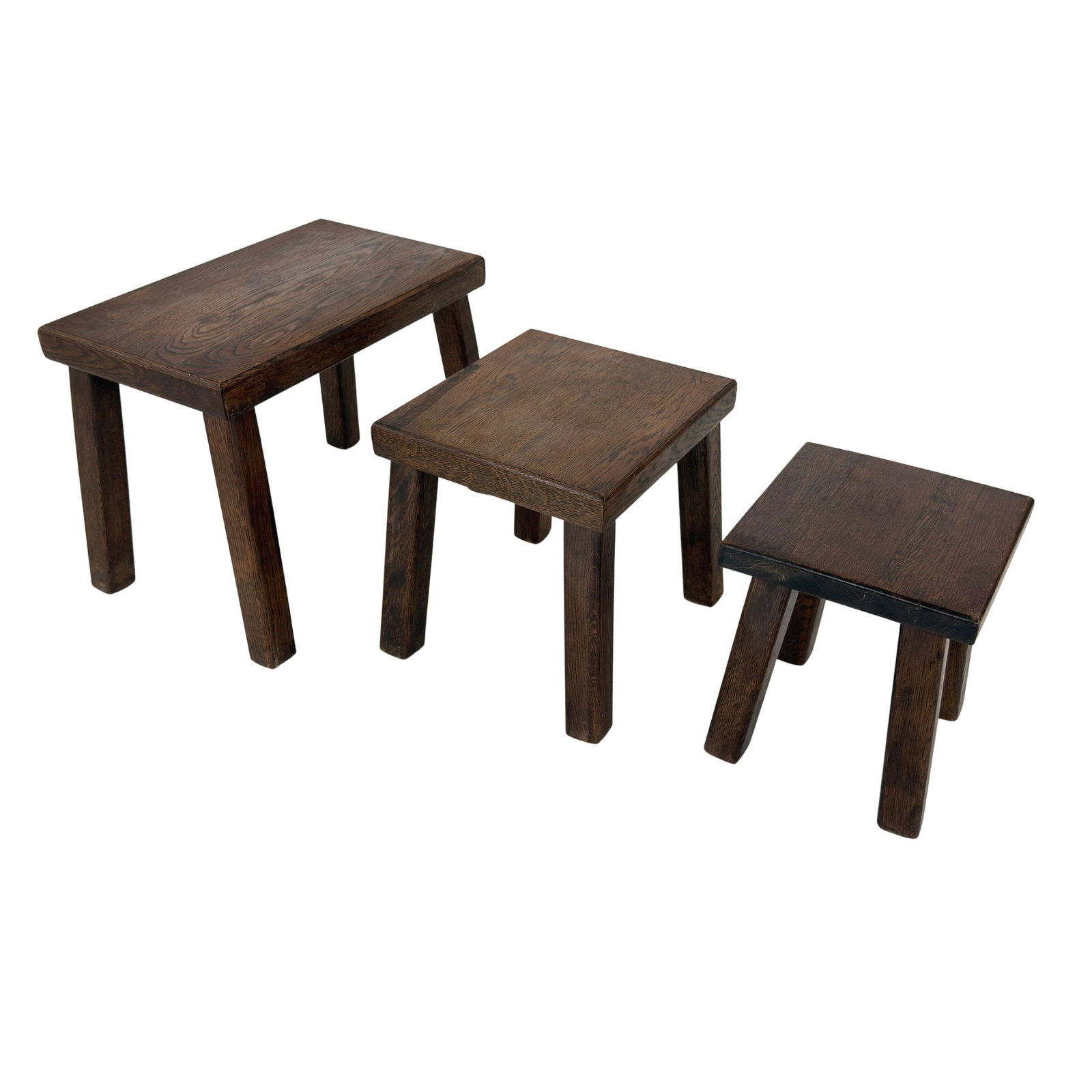 (3) BRUTALIST NESTING TABLES: Dimensions: H 14.5” x W 19” x D 12”. Set of 3 Belgian Brutalist oak nesting tables. Dimensions: (2nd) H 12.5” x W 12.5” x D 12”/ (3rd) H 11” x W 10” x