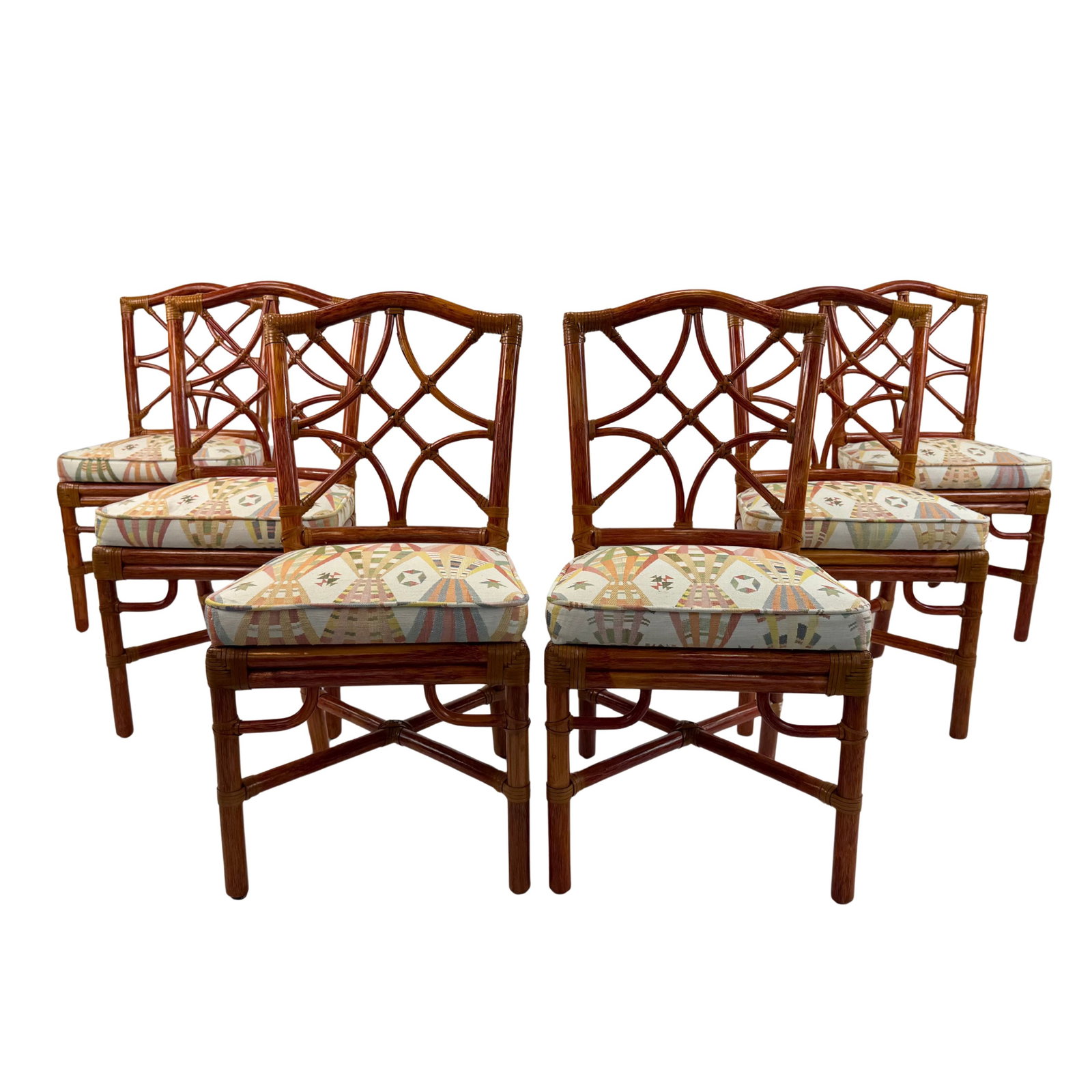 (6) BAMBOO AND RATTAN DINING CHAIRS: Dimensions: H 35” x W 18.5” x D 21.5” x SH 20.5”. Set of 6 Vintage French bamboo and rattan dining chairs with multicolored fabric seats.
