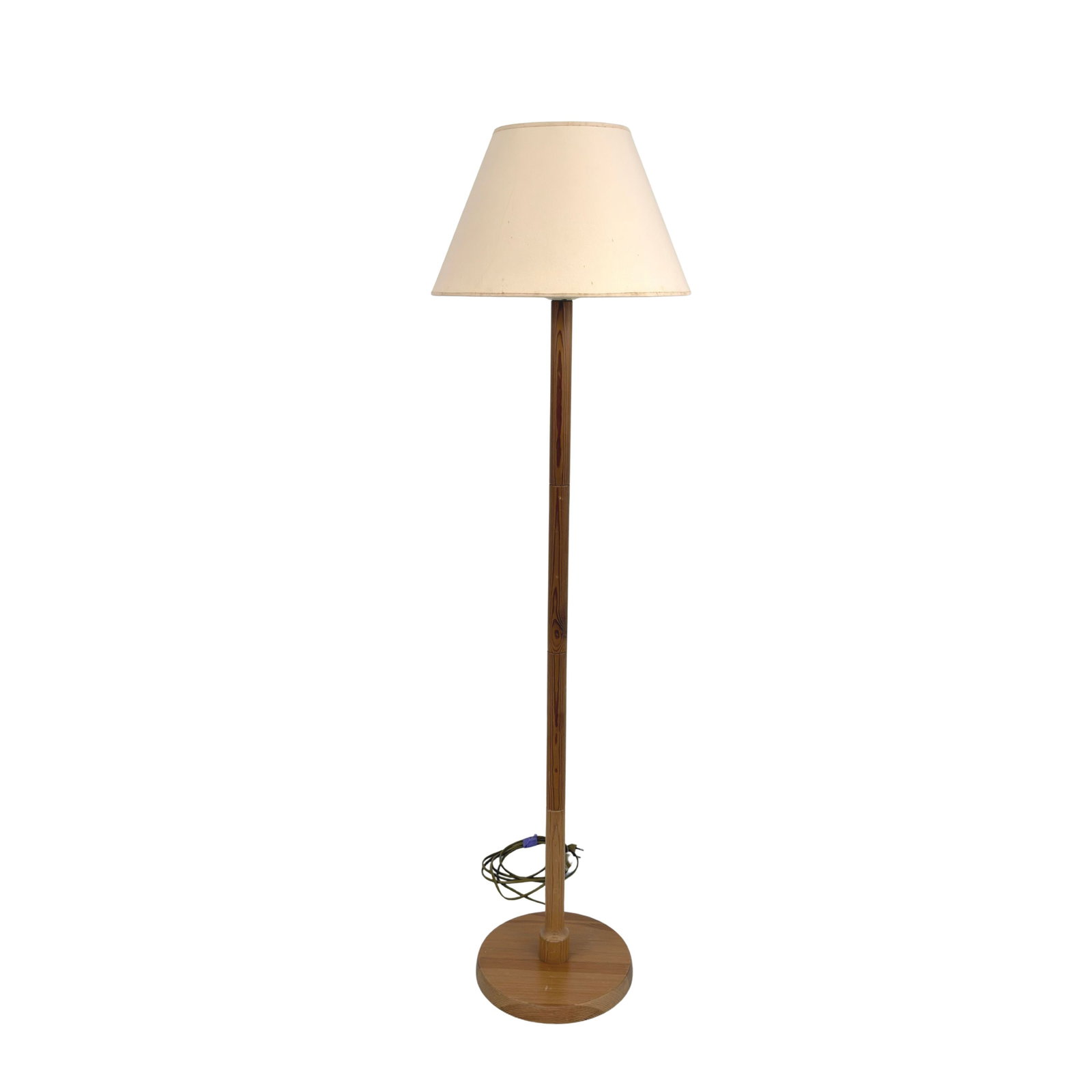 MASSIVE FLOOR LAMP: Dimensions: H 49.5” x W 11”. Vintage Danish Massive floor lamp with pine base and light beige fabric lampshade.