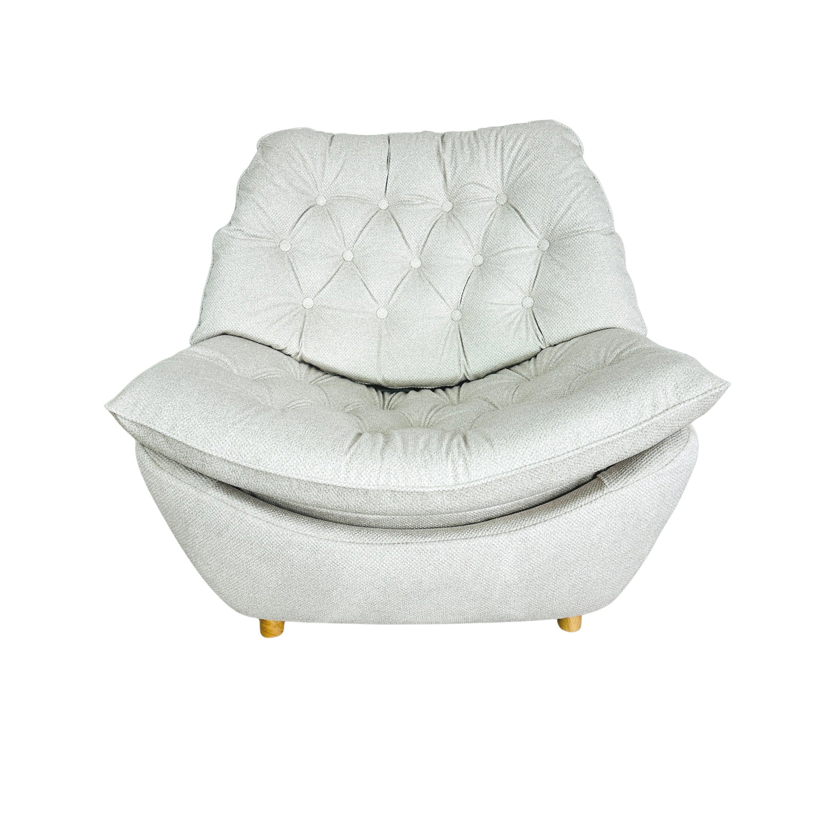 DANISH LOUNGE CHAIR: Dimensions: H 32” x W 36” x D 35” x SH 18”. Vintage Danish lounge chair, newly upholstered in off-white fabric.