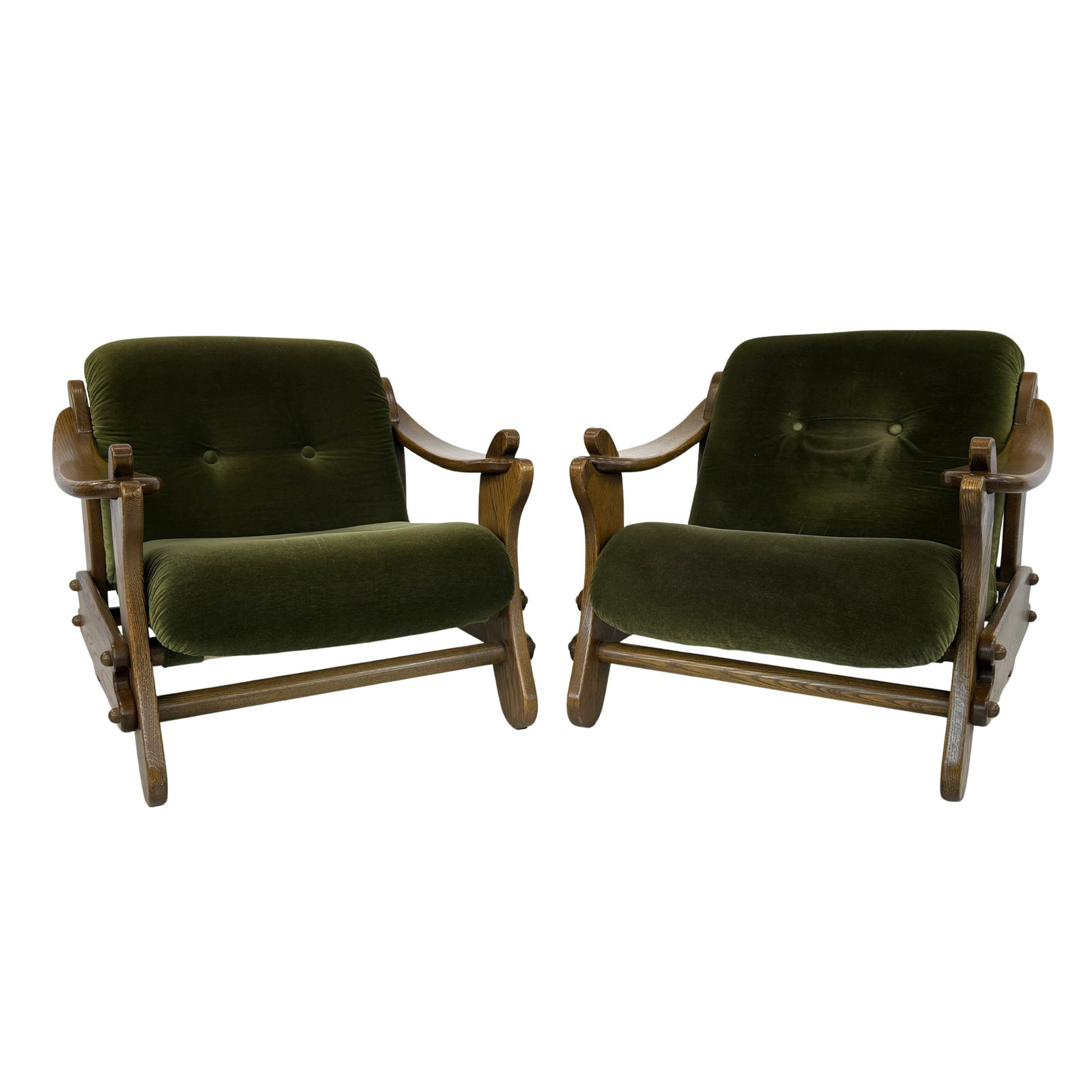 DUTCH BRUTALIST LOUNGE CHAIRS, A PAIR: Dimensions: H 32” x W 33” x D 37” x SH 18.5”. Pair of Dutch Brutalist oak lounge chairs with green velvet loose padded cushions.