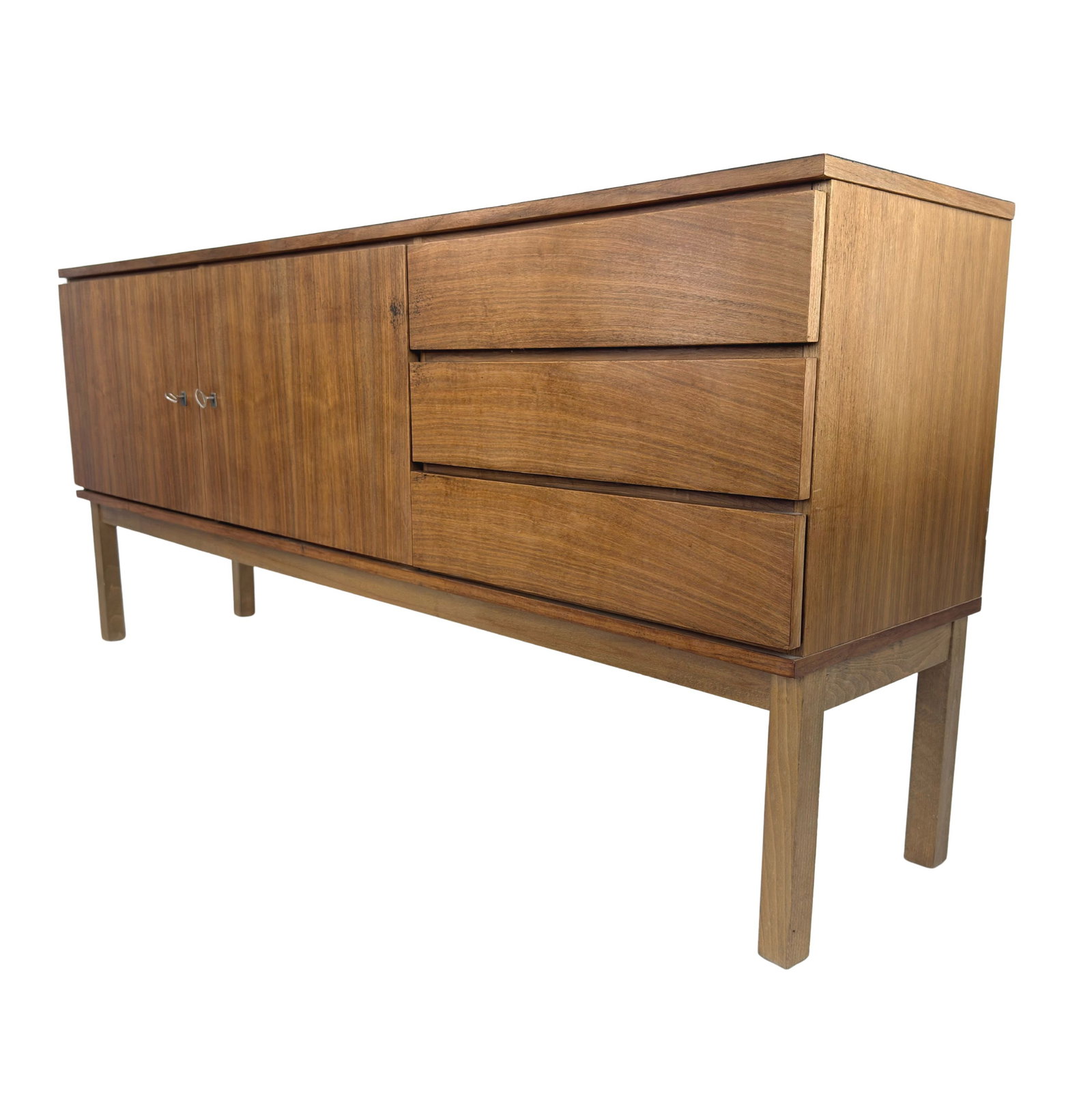 VINTAGE SIDEBOARD, 1970s: Dimensions: H 31.5” x W 71” x D 16.3”. Vintage Scandinavian or German walnut sideboard with 3 drawers and 2 cupboards with shelf inside and 2 keys. Two tone top in black/red.