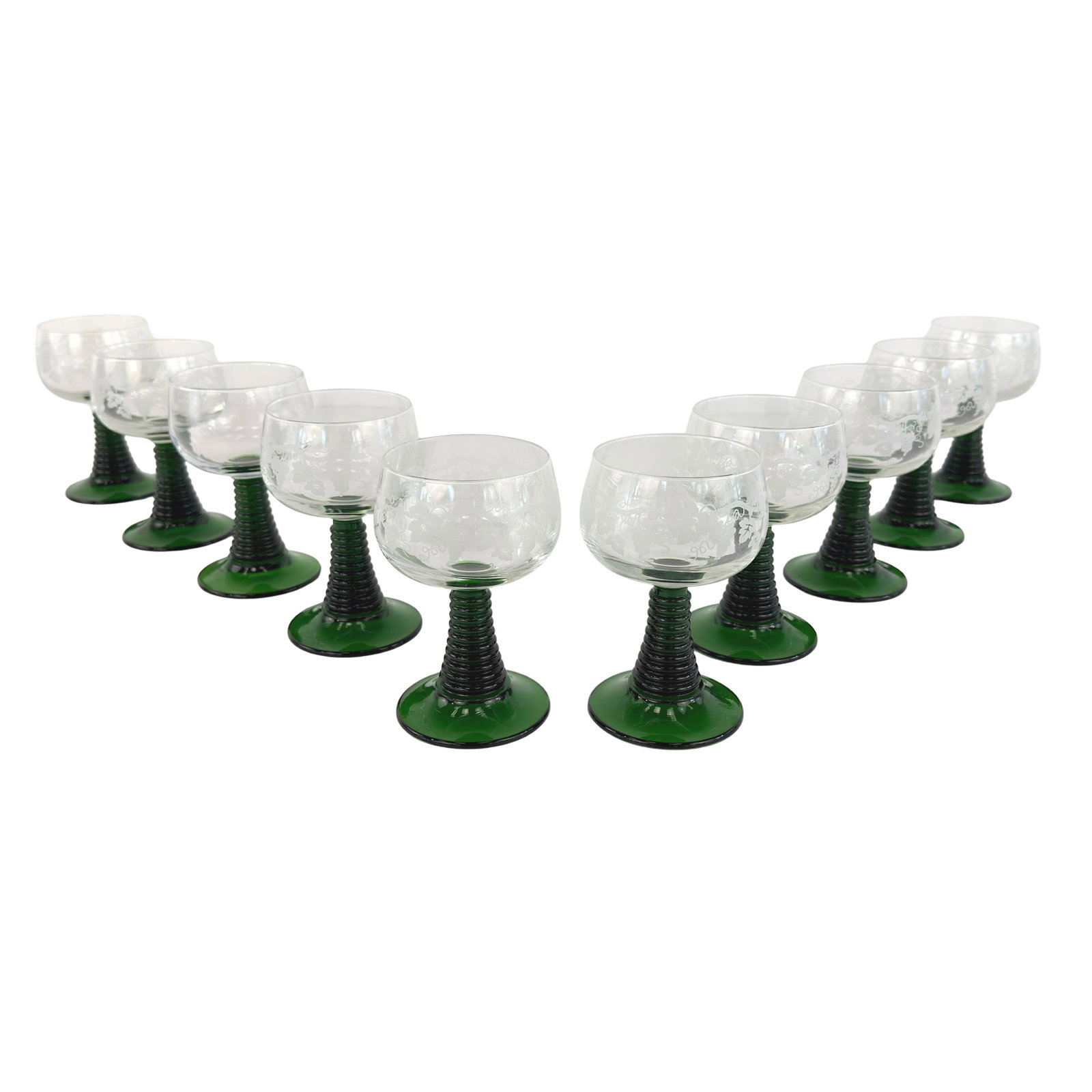 (10) LUMINARC ROEMER WINE GLASSES: Dimensions: H 5.3” x W 3”. Set of 10 French Luminarc “Roemer” green ribbed stem wine glasses, etched with grapevines.