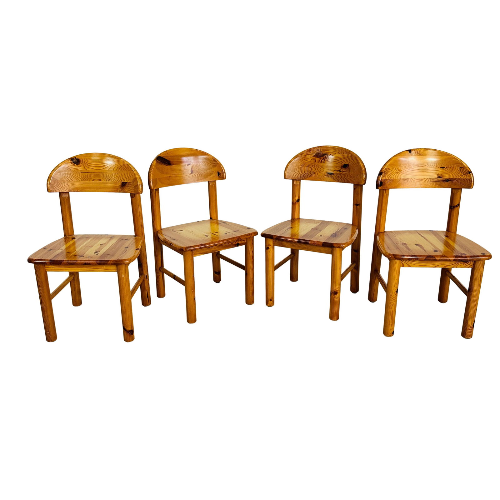 (4) DINING CHAIRS MANNER OF RAINER DAUMILLER: Dimensions: H 34” x W 19.5” x SD 17.3” x SH 18.5”. Set of 4 pine dining chairs manner of Rainer Daumiller, 1970s.