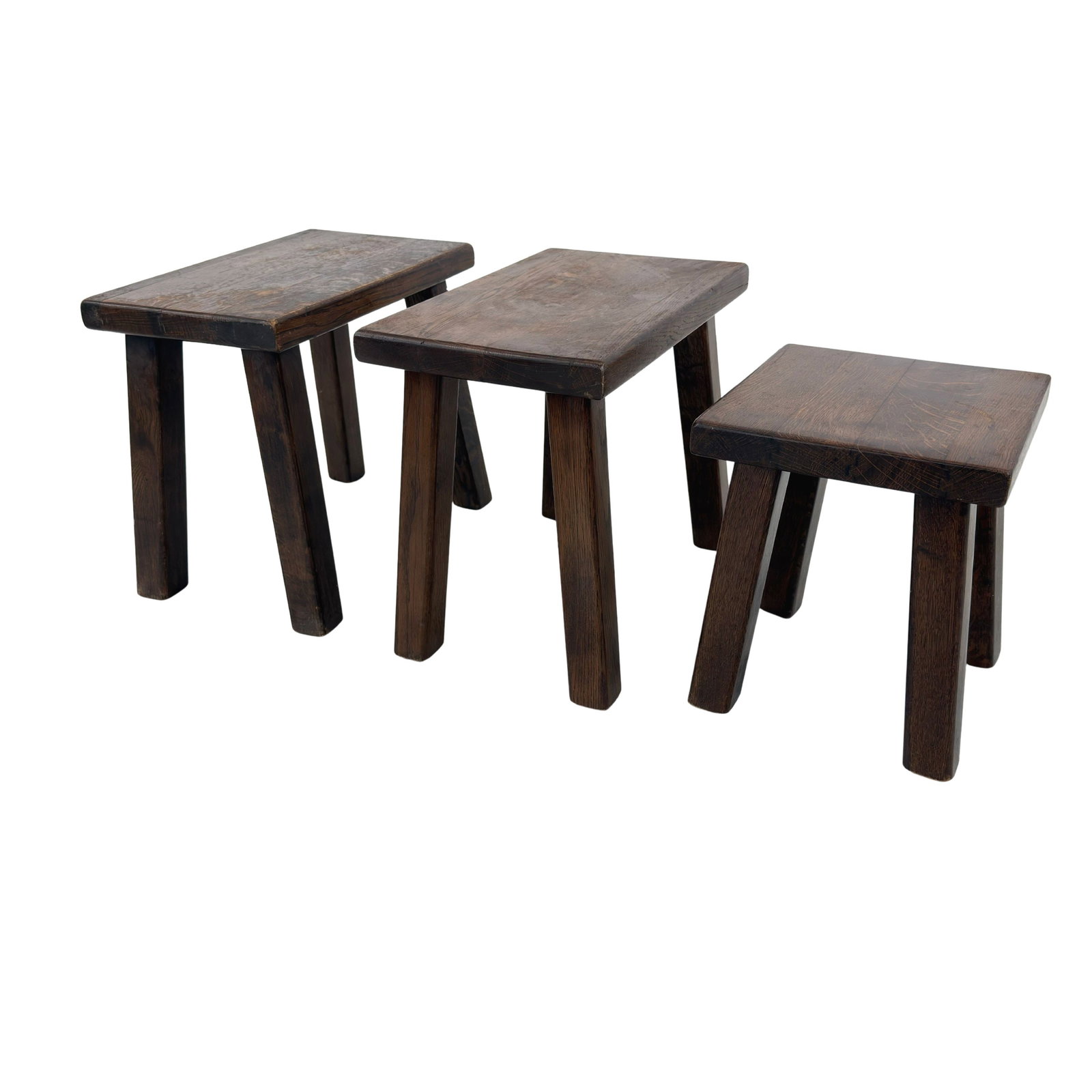 (3) BRUTALIST NESTING TABLES: Dimensions: H 14.7” x W 15” x D 9.3”. Set of 3 Belgian Brutalist oak nesting tables. Dimensions: (2nd) H 13.5”/ (3rd) H 11.5”.