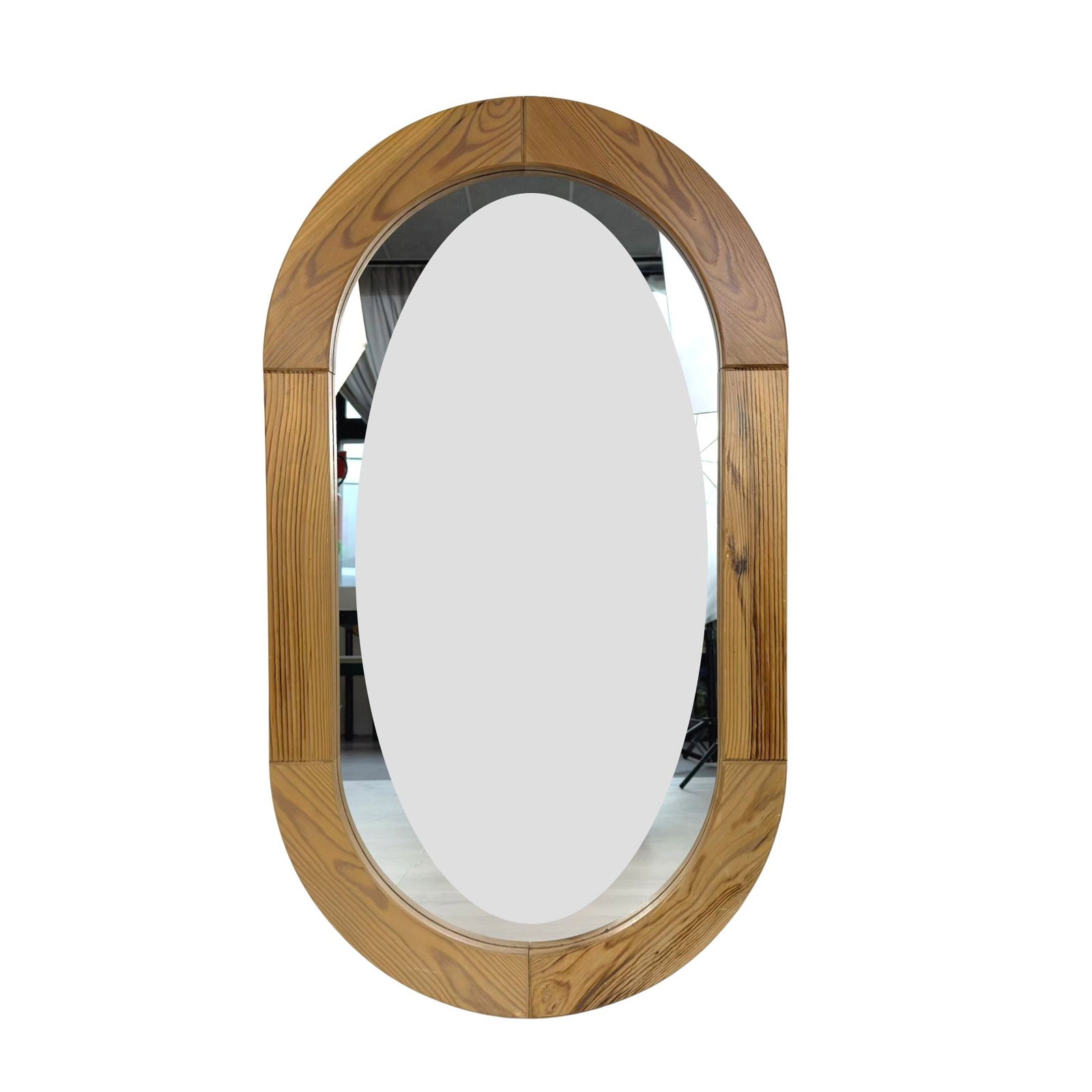 SCANDINAVIAN PINE MIRROR: Dimensions: H 37” x W 21”. Vintage Scandinavian pine wood wall mirror.