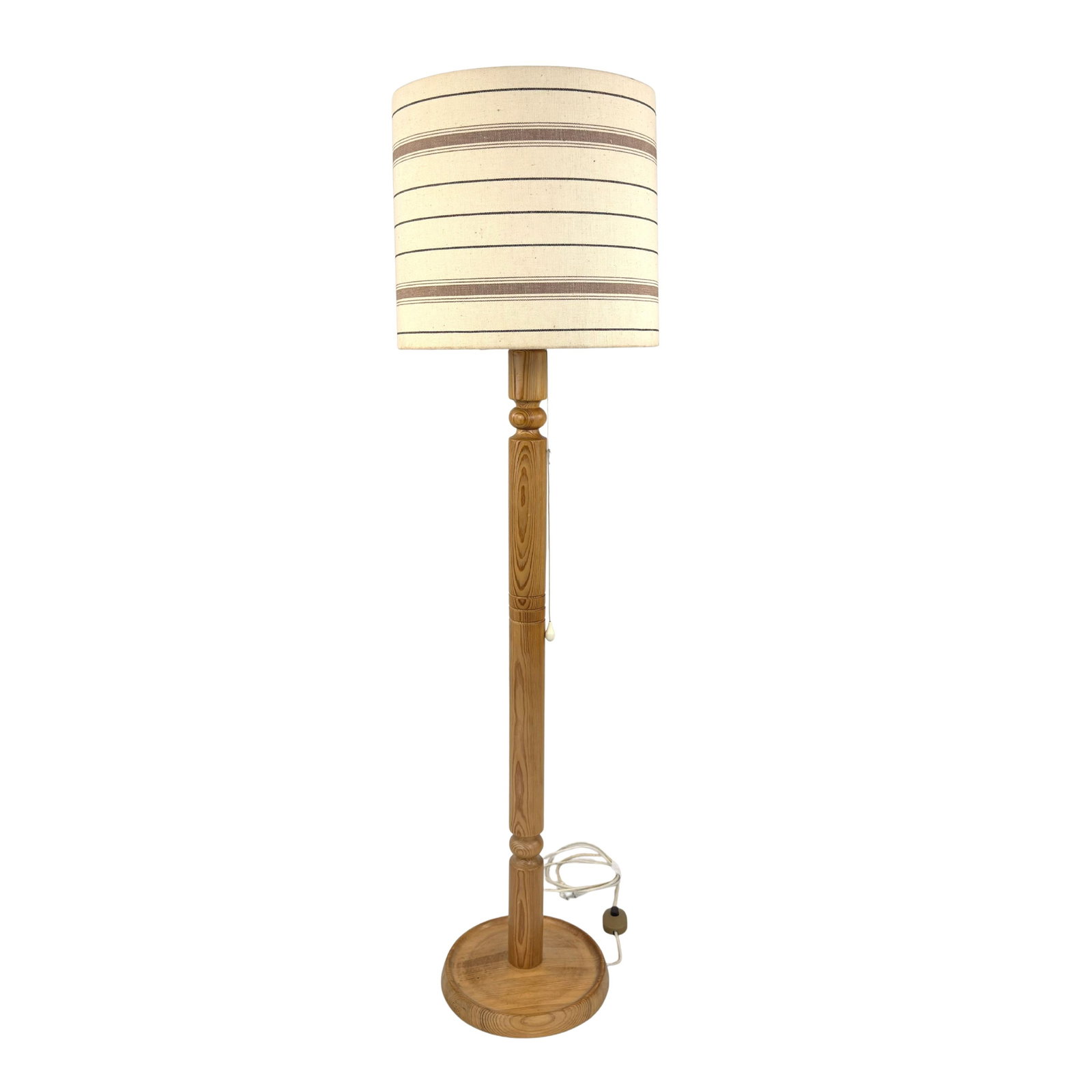 VINTAGE SCANDINAVIAN FLOOR LAMP: Dimensions: H 47” x W 12”. Vintage Scandinavian floor lamp with pine base and fabric lampshade.