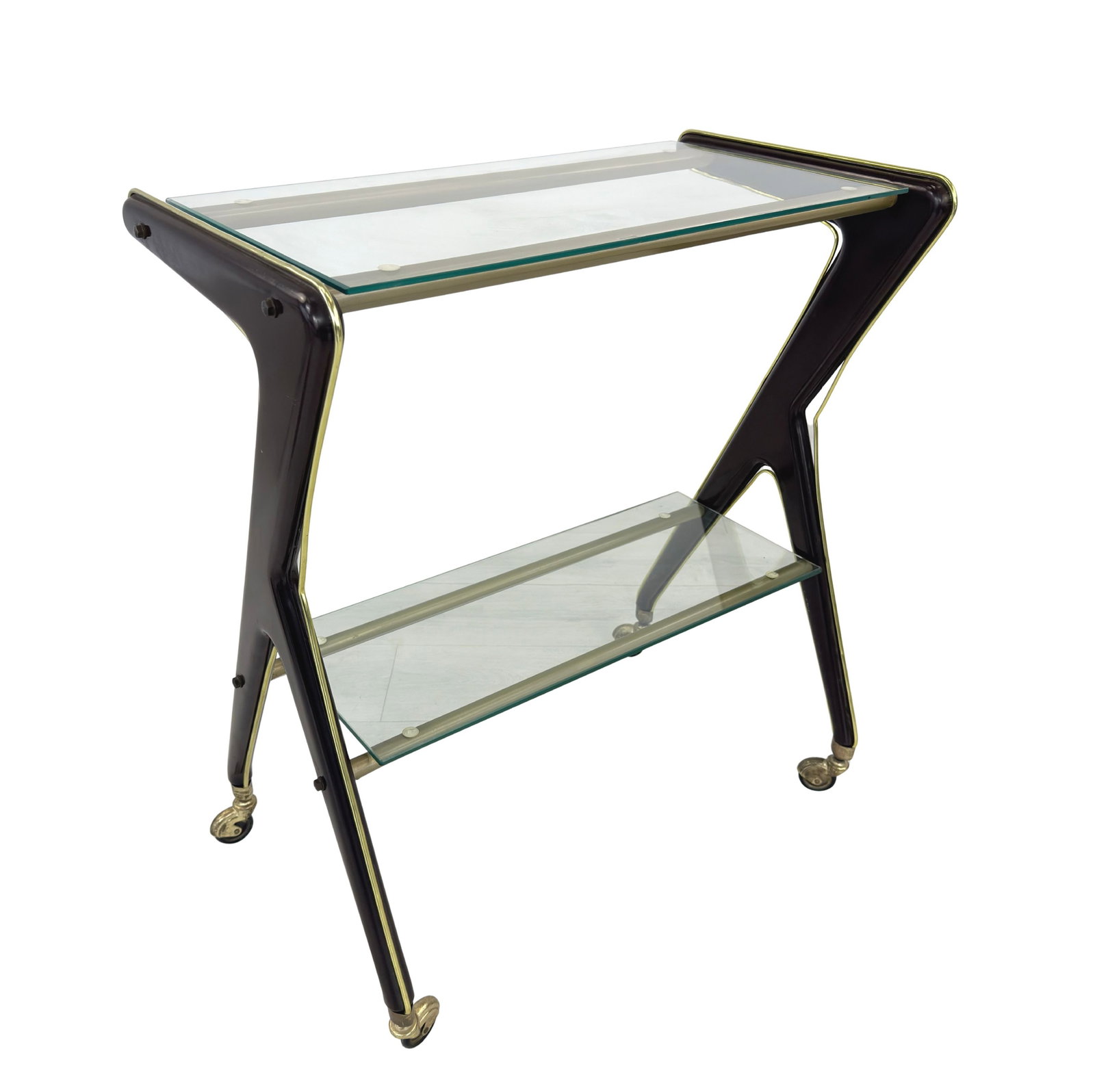 RAMA TORINO SERVING TROLLEY: Dimensions: H 30.5” x W 26.5” x D 15”. Vintage Italian serving trolley designed by Rama Torino in the 1950s with two glass shelves.