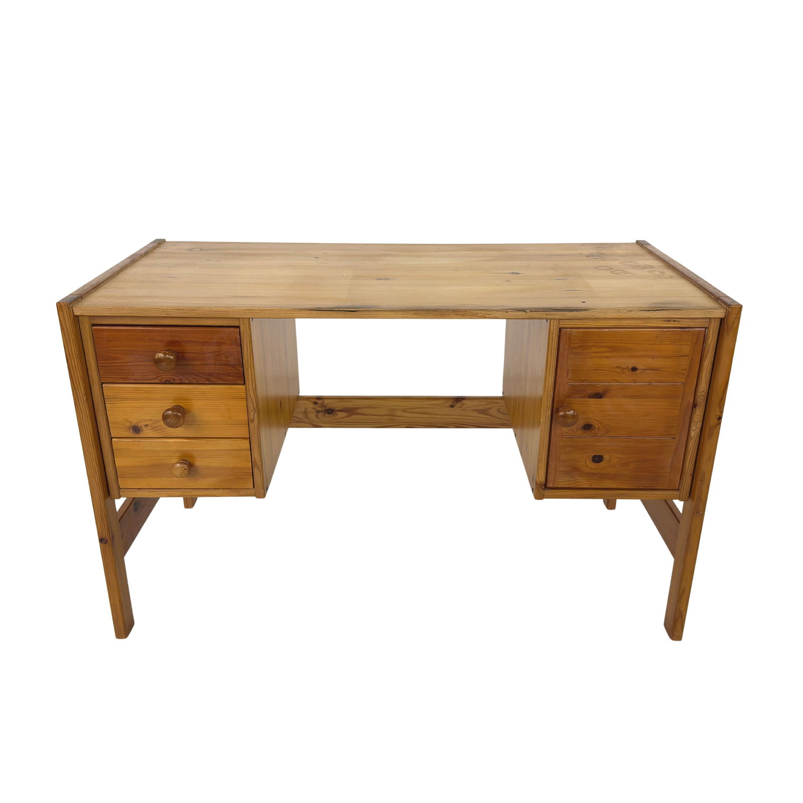 DANISH PINE DESK: Dimensions: H 28.7” x W 47” x D 22.5”. Mid-Century Modern Danish pine desk with three drawers and a cupboard.