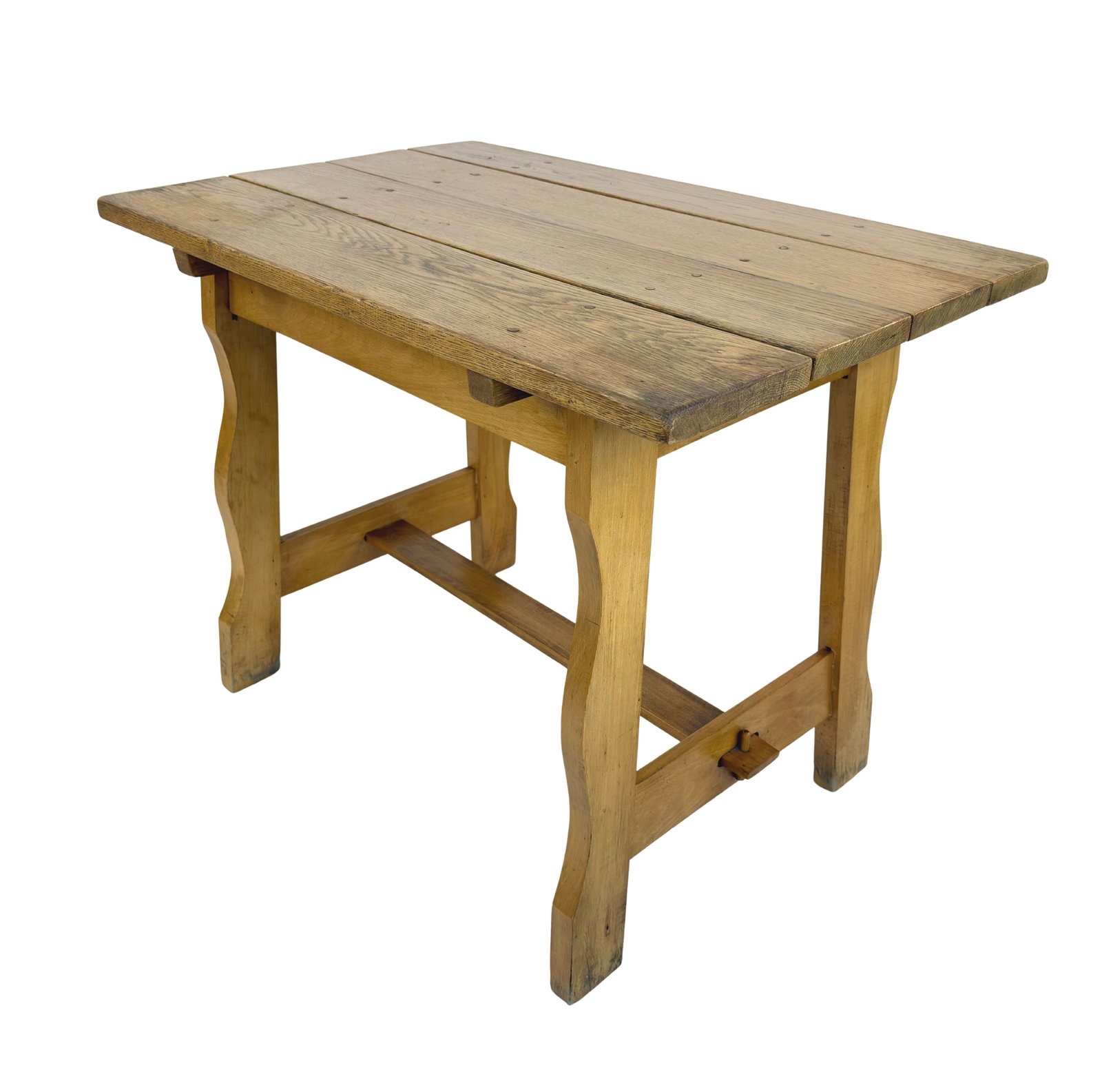 SCANDINAVIAN BRUTALIST BREAKFAST TABLE: Dimensions: H 30.7” x W 39” x D 26”. Vintage Scandinavian Brutalist breakfast table or desk with stretcher, 1960s.