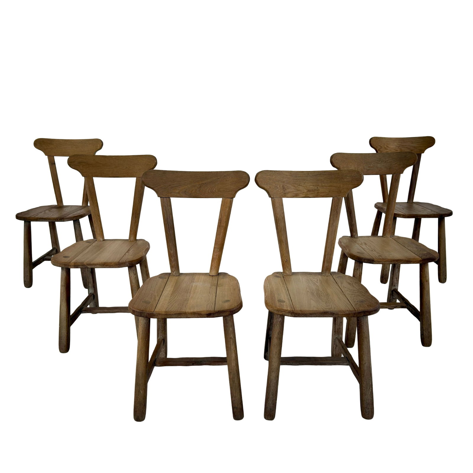 (6) BRUTALIST DINING CHAIRS MANNER OF DE PUYDT: Dimensions: H 34” x W 16” x D 21” x SH 18.5”. Set of 6 Vintage Brutalist dining chairs manner of De Puydt with wide paddle backs.