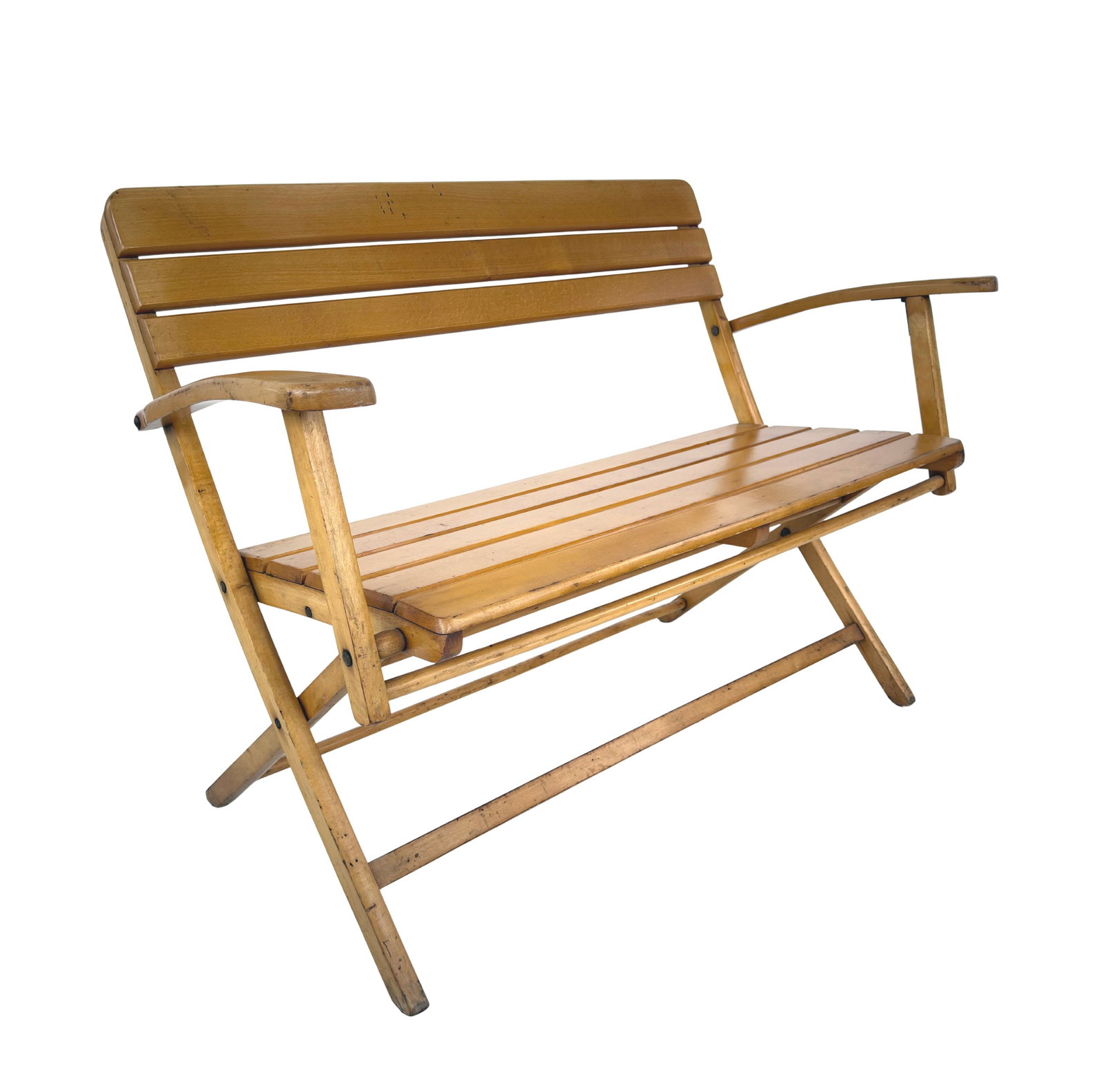 VINTAGE GERMAN BENCH BY HERLAG, 1950s: Dimensions: H 32” x W 45" x D 23.5” x SH 18”. Vintage slat folding bench by Herlag, made in Germany in the 1950s. Marked.