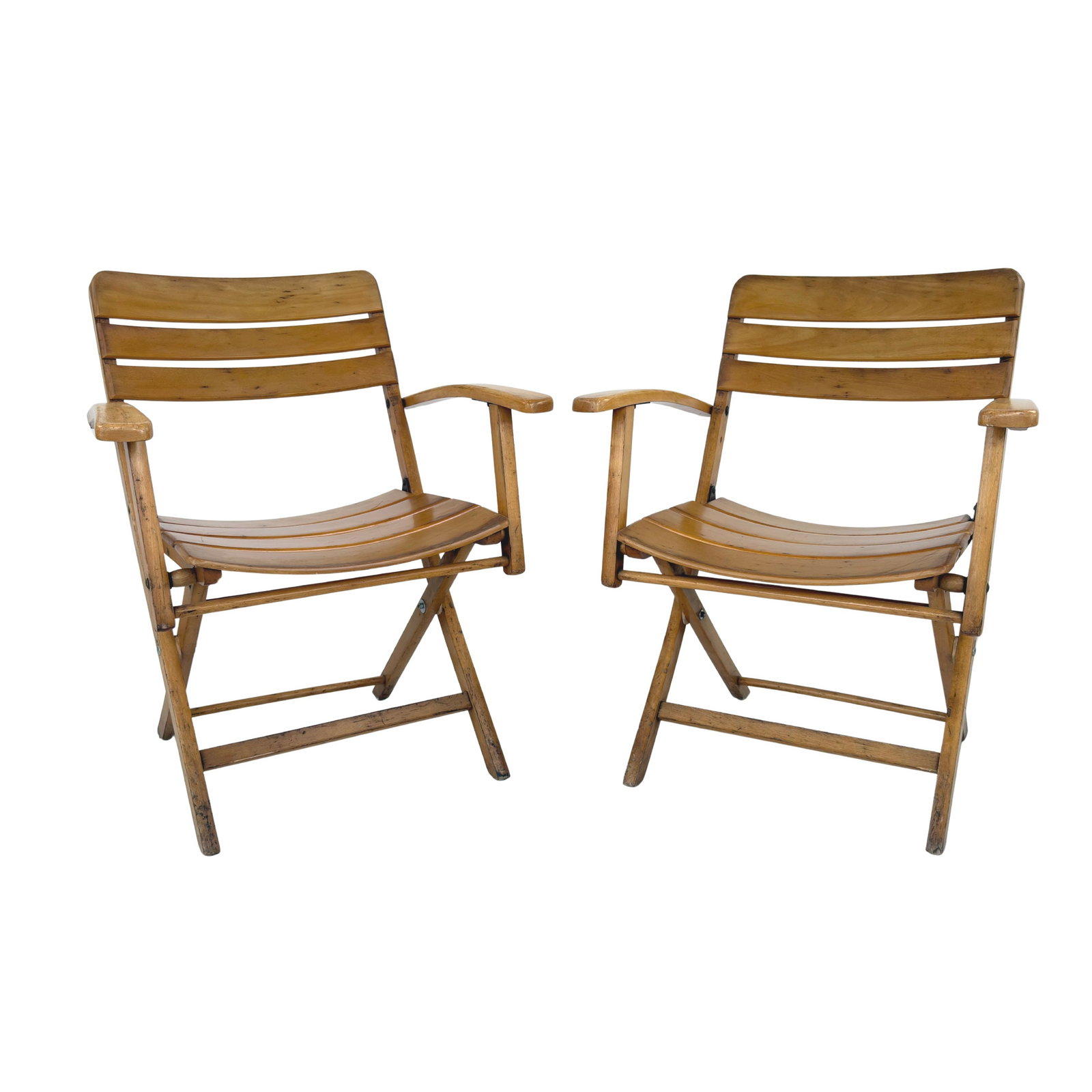 VINTAGE GERMAN FOLDING CHAIRS BY HERLAG, A PAIR: Dimensions: H 32.5” x W 25” x D 23” x SH 18”. Pair of Vintage folding chairs by Herlag, made in Germany in the 1960s. Marked.